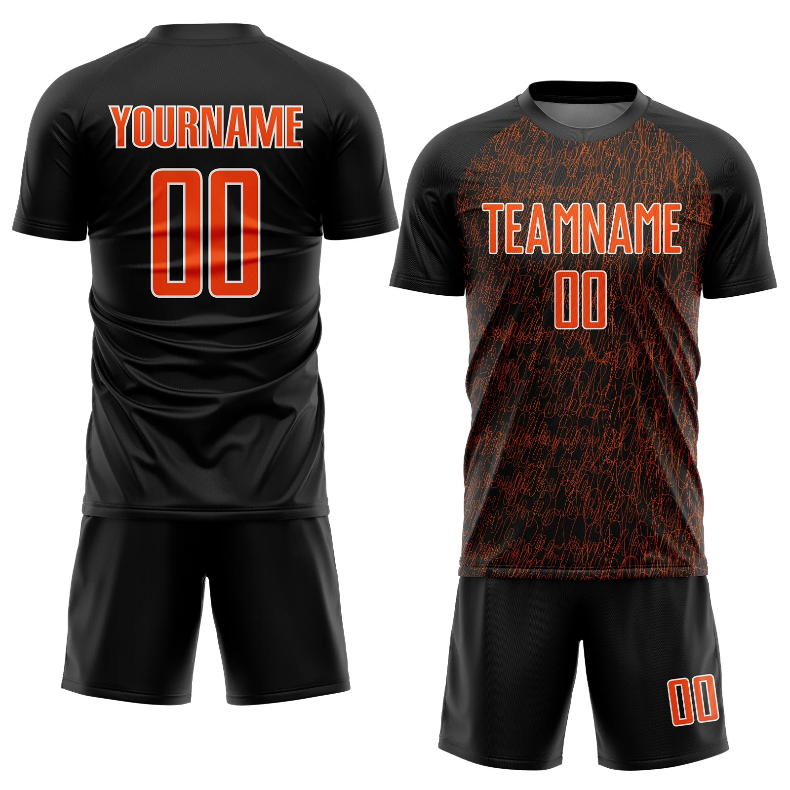 Custom Black Orange-White Abstract Scribble Curve Line Pattern Sports Sublimation Soccer Uniform Jersey - Image 2