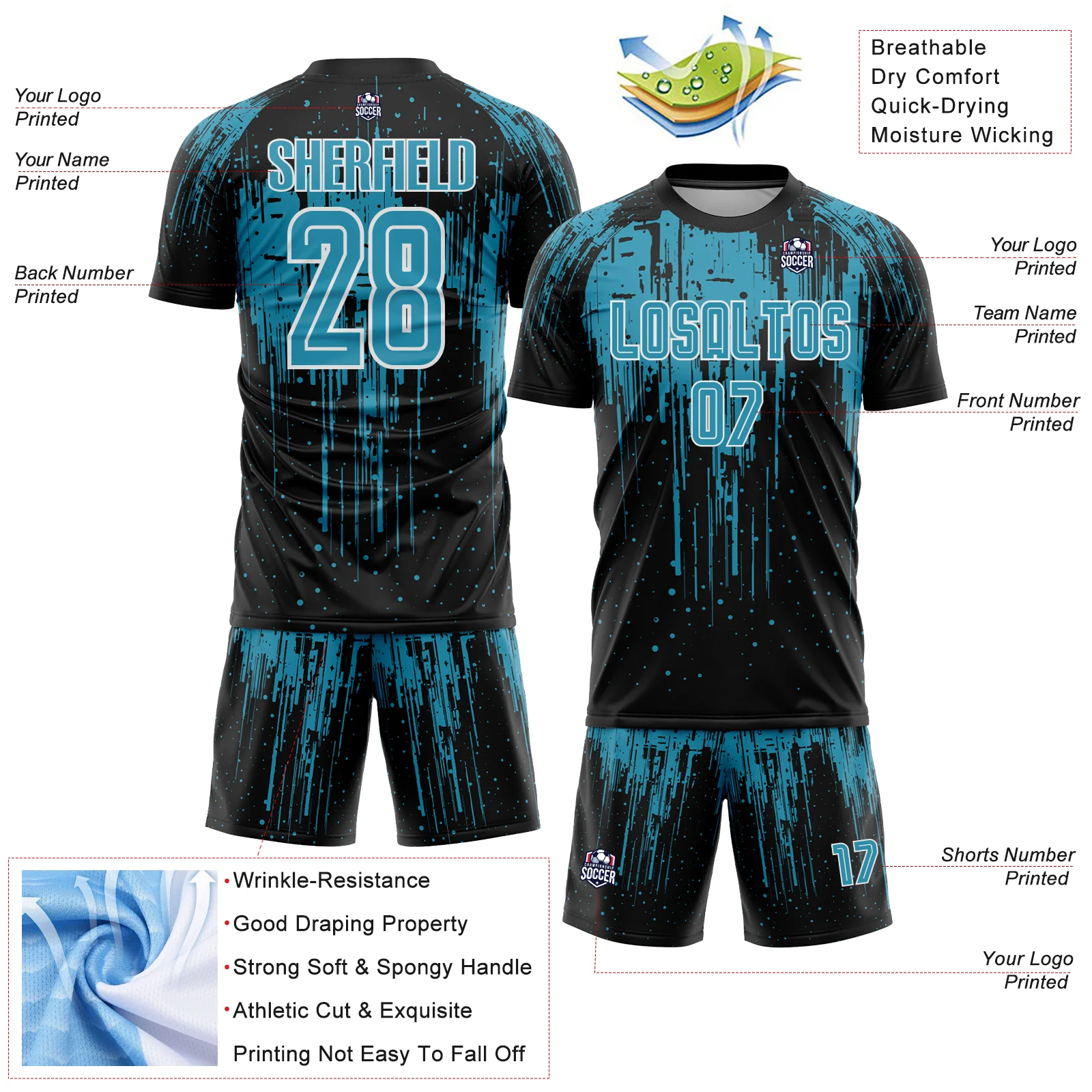 Custom Black Panther Blue-White Dripping Splatte Pattern Sports Sublimation Soccer Uniform Jersey - Image 4