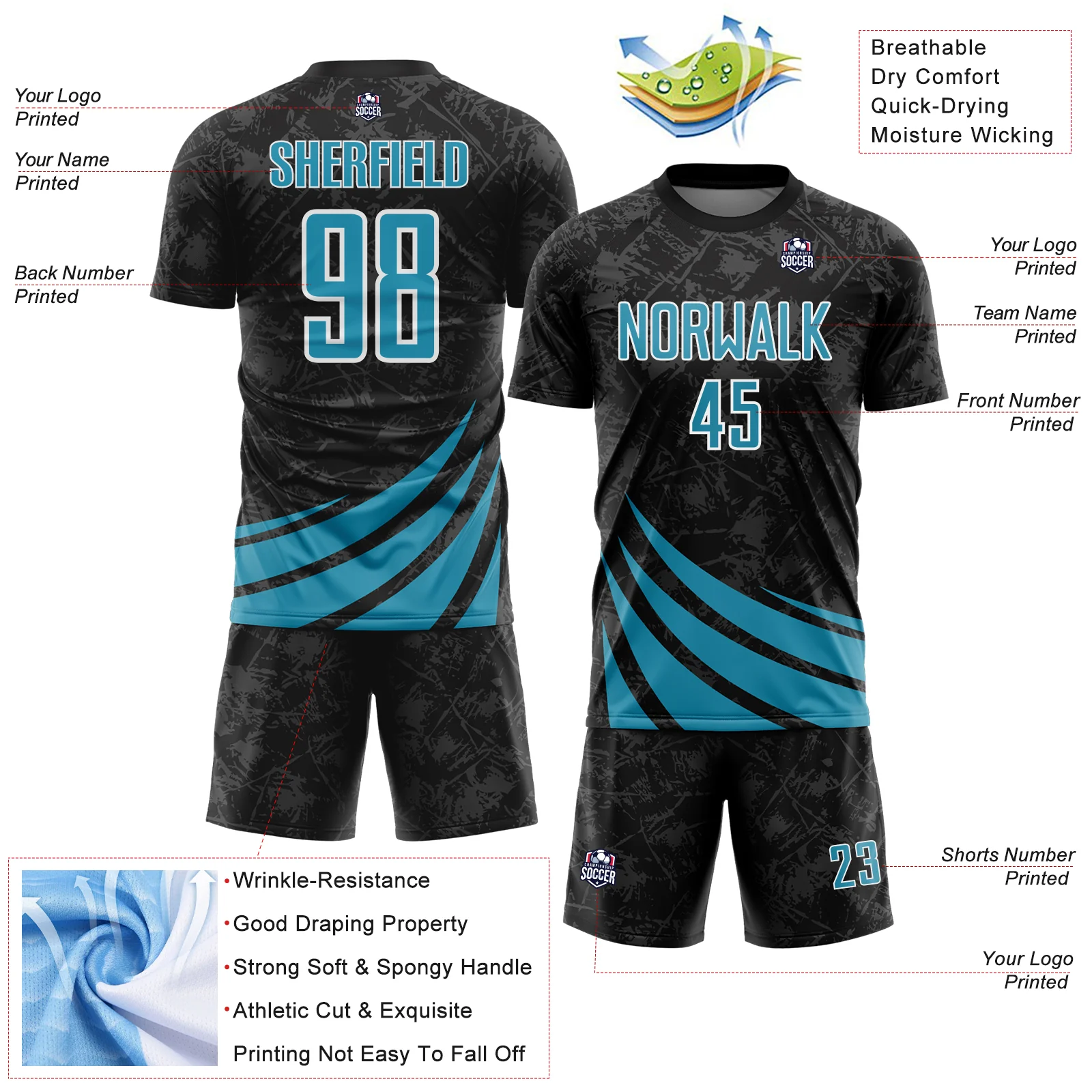 Custom Black Panther Blue-White Distressed Diagonal Stripes Wind Shapes Sports Sublimation Soccer Uniform Jersey - Image 4