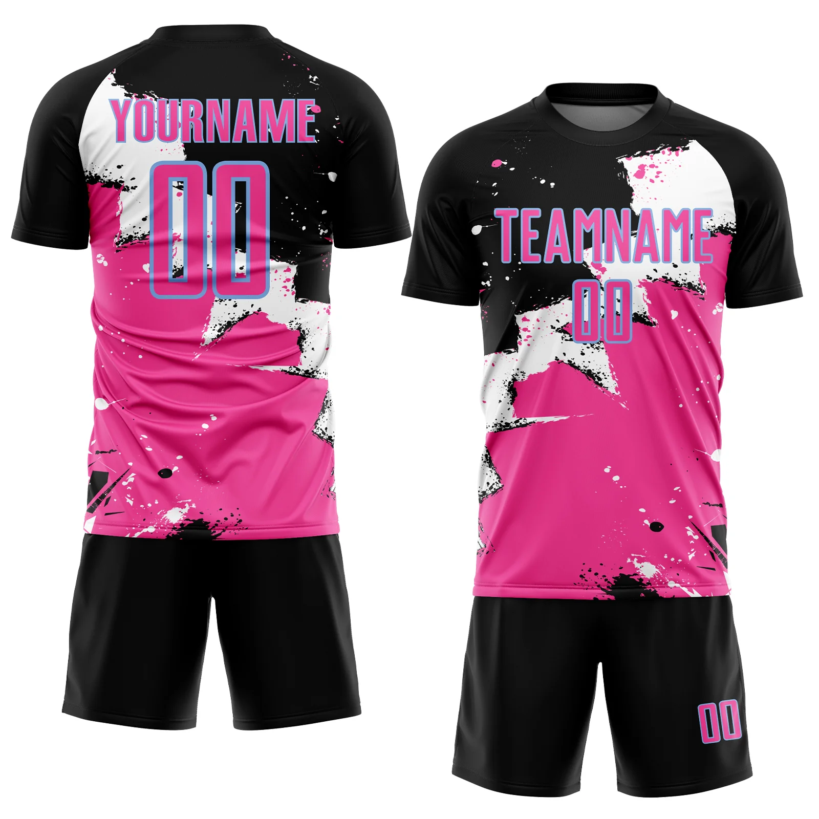 Custom Black Pink-Light Blue Spalsh Sublimation Soccer Uniform Jersey - Image 2