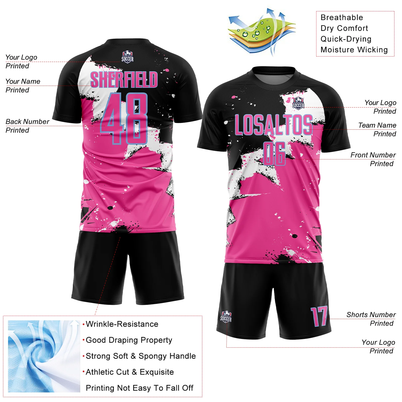 Custom Black Pink-Light Blue Spalsh Sublimation Soccer Uniform Jersey - Image 4