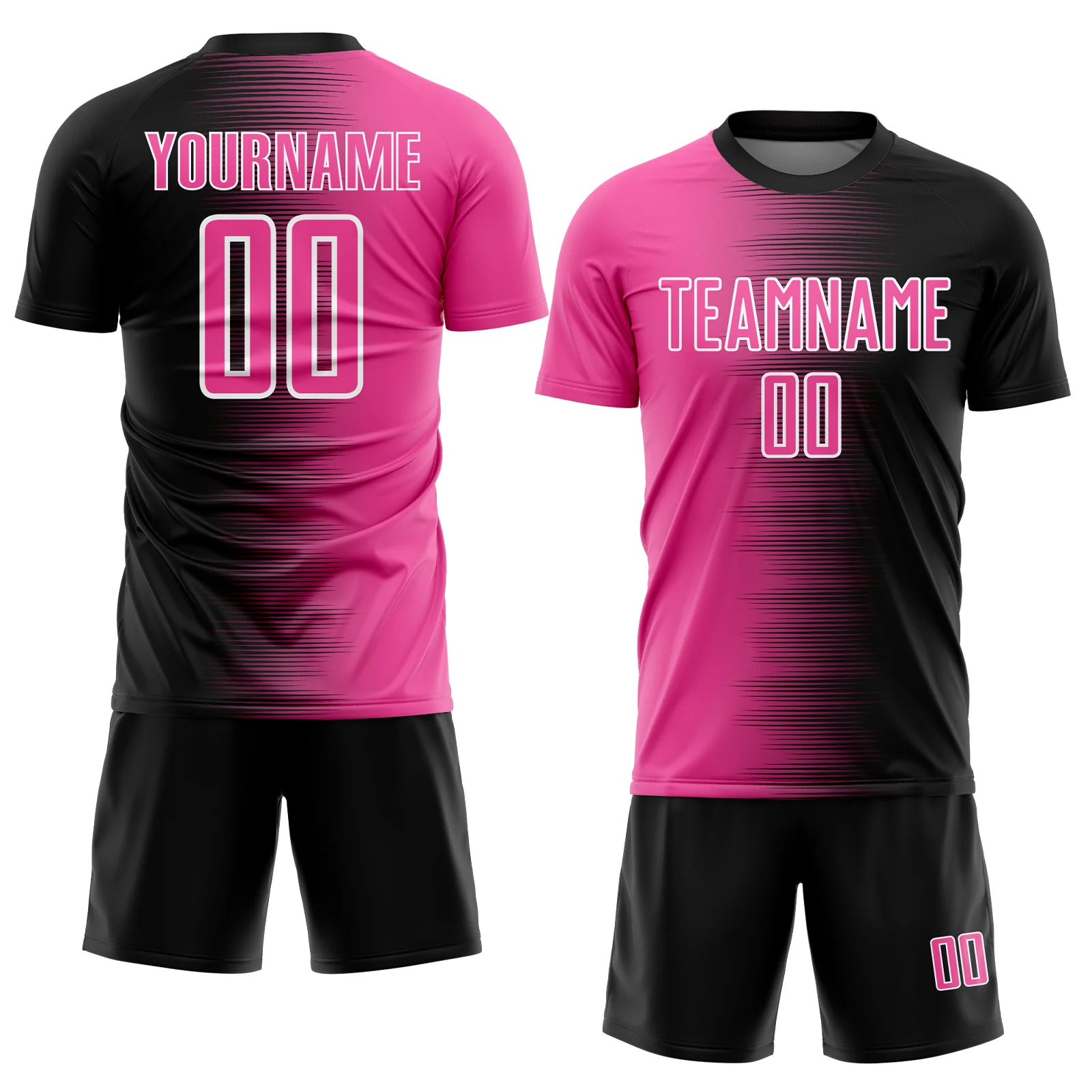 Custom Black Pink-White Gradient Line Sublimation Soccer Uniform Jersey - Image 2