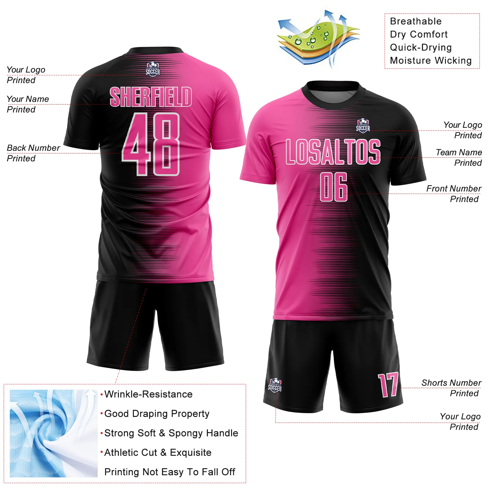 Custom Black Pink-White Gradient Line Sublimation Soccer Uniform Jersey - Image 4
