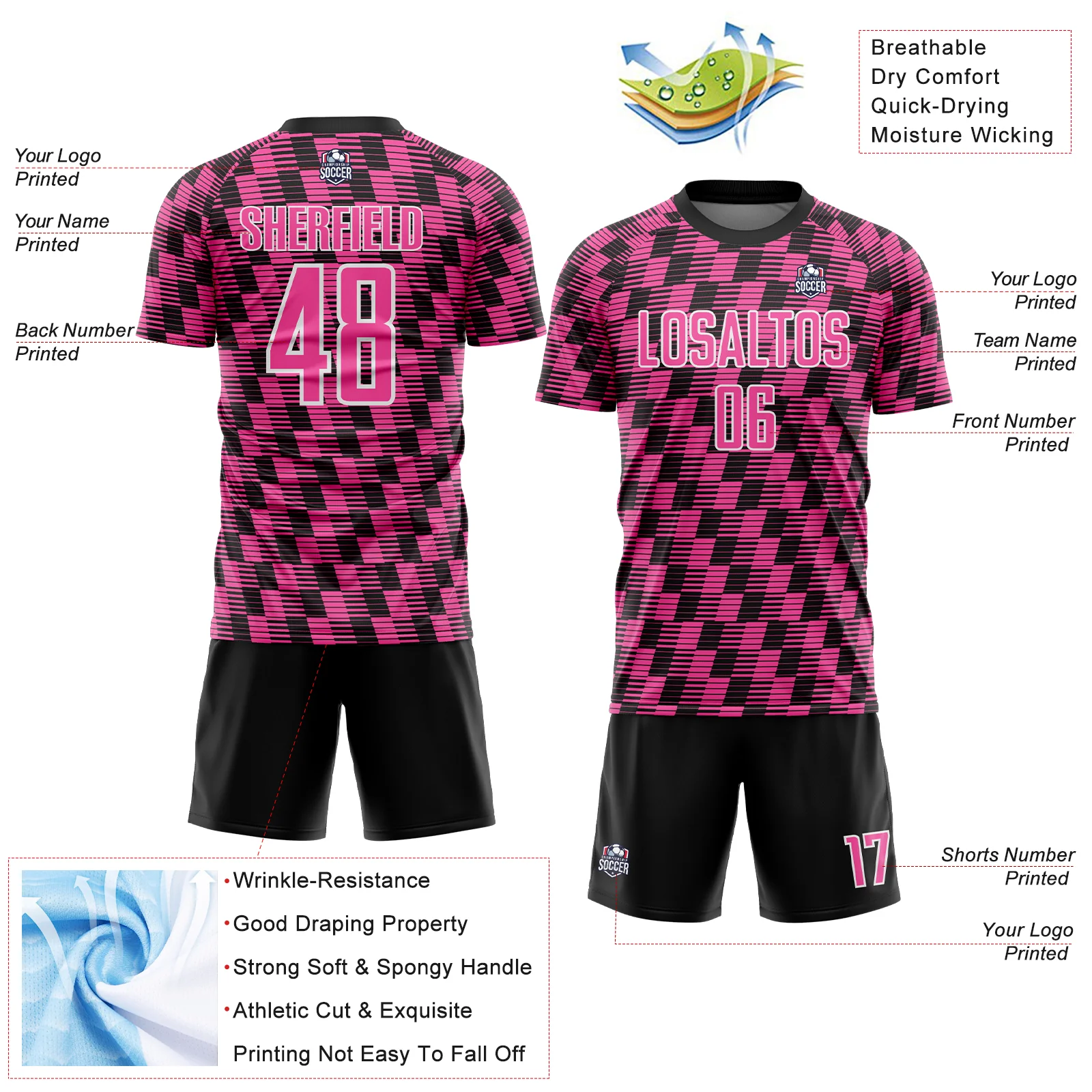 Custom Black Pink-White Line Sublimation Soccer Uniform Jersey - Image 4