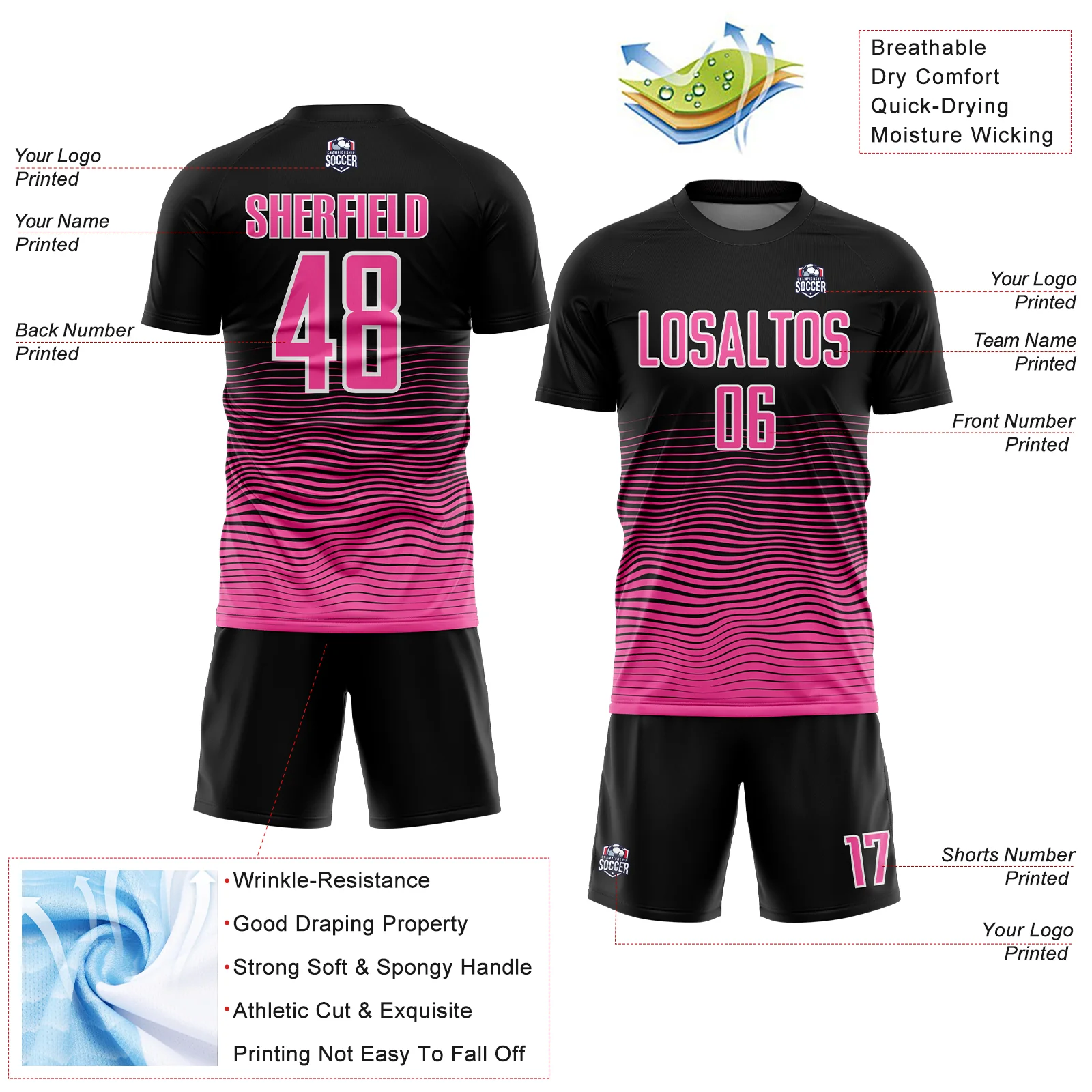 Custom Black Pink-White Gradient Line Sublimation Soccer Uniform Jersey - Image 4