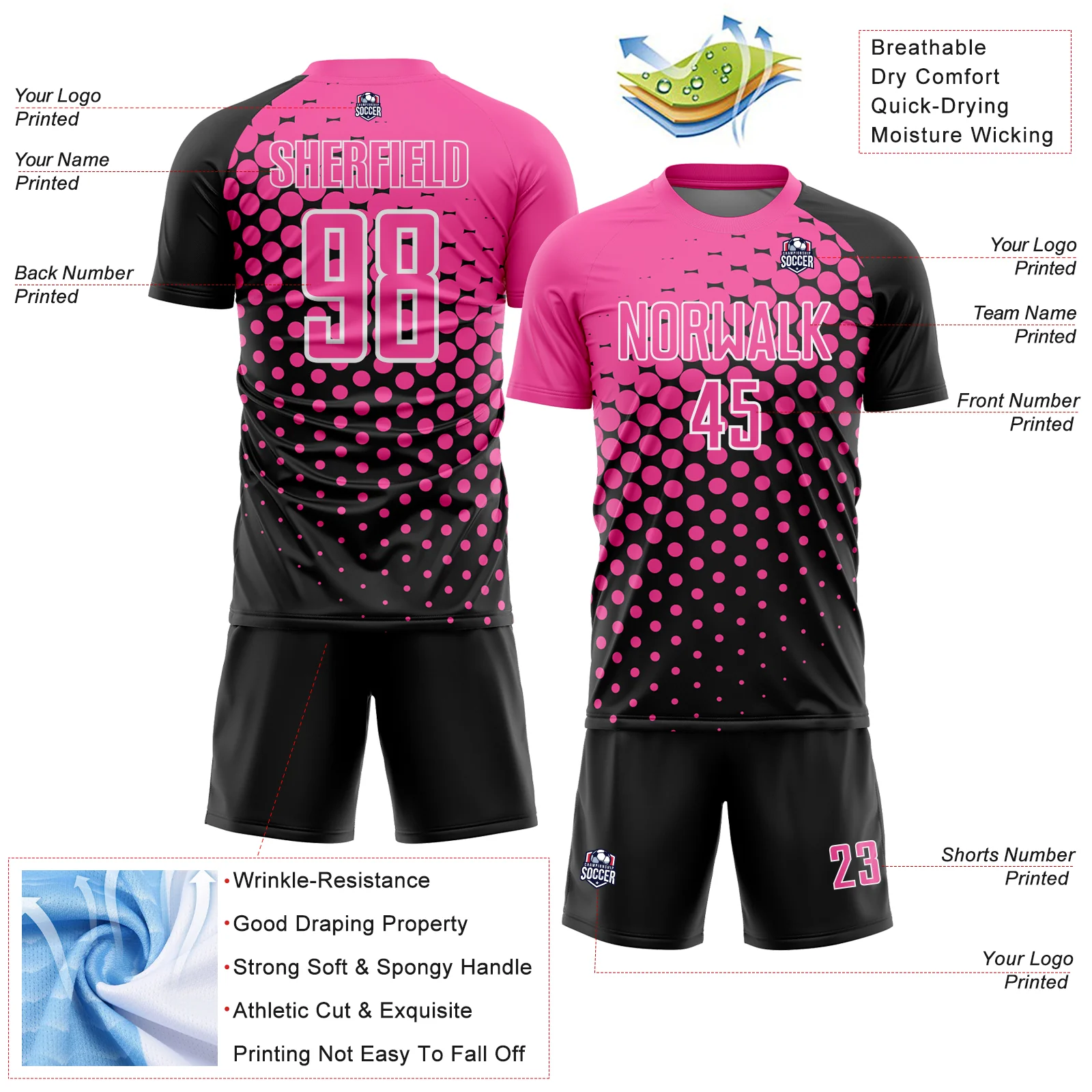 Custom Black Pink-White Modern Polka Dot Sublimation Soccer Uniform Jersey - Image 4