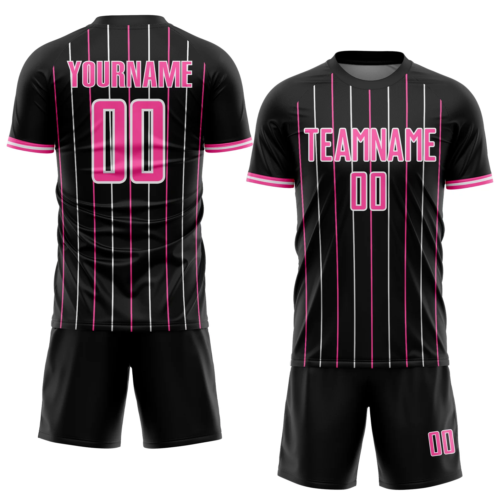 Custom Black Pink-White France Vertical Pinstripe Sublimation Soccer Uniform Jersey - Image 2