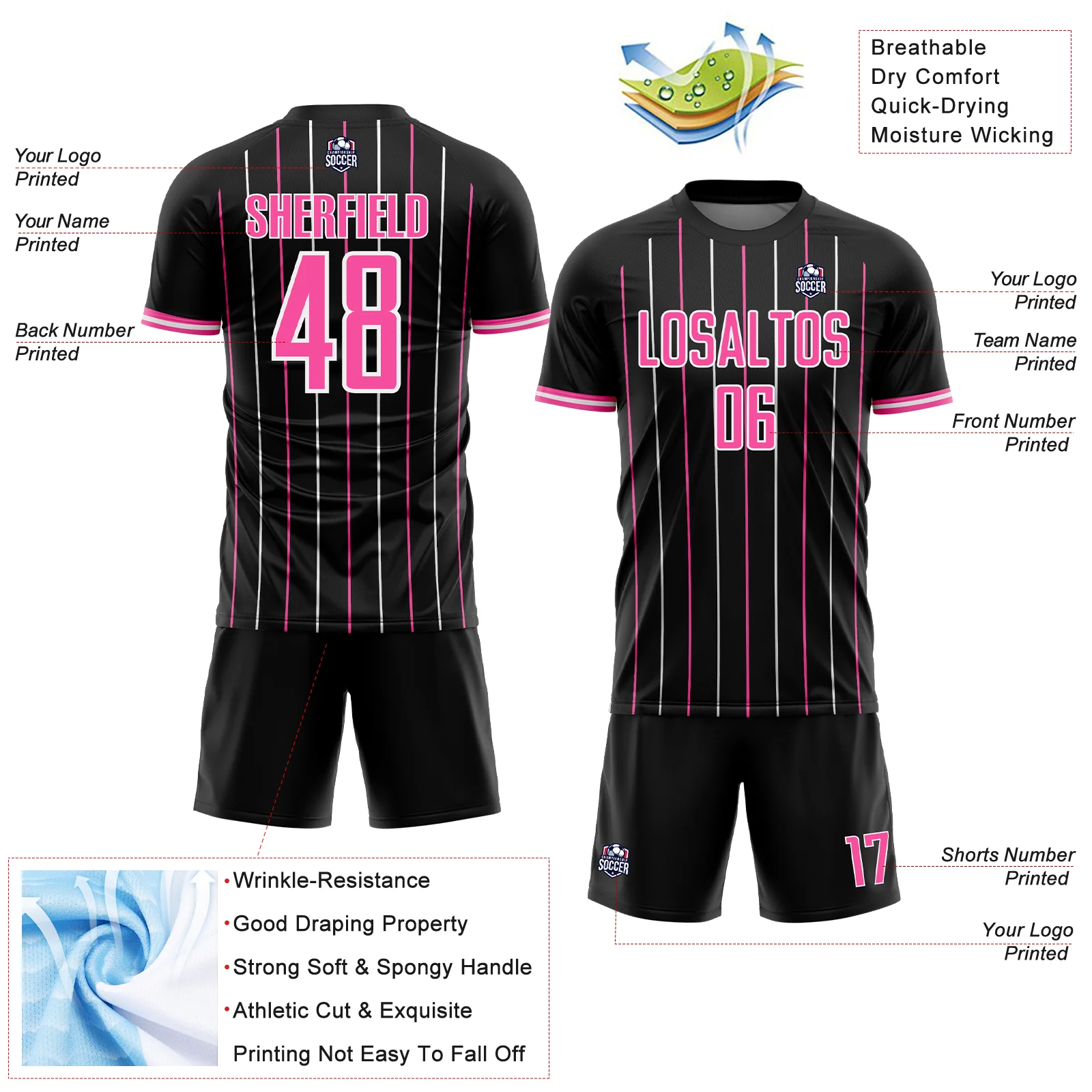 Custom Black Pink-White France Vertical Pinstripe Sublimation Soccer Uniform Jersey - Image 4