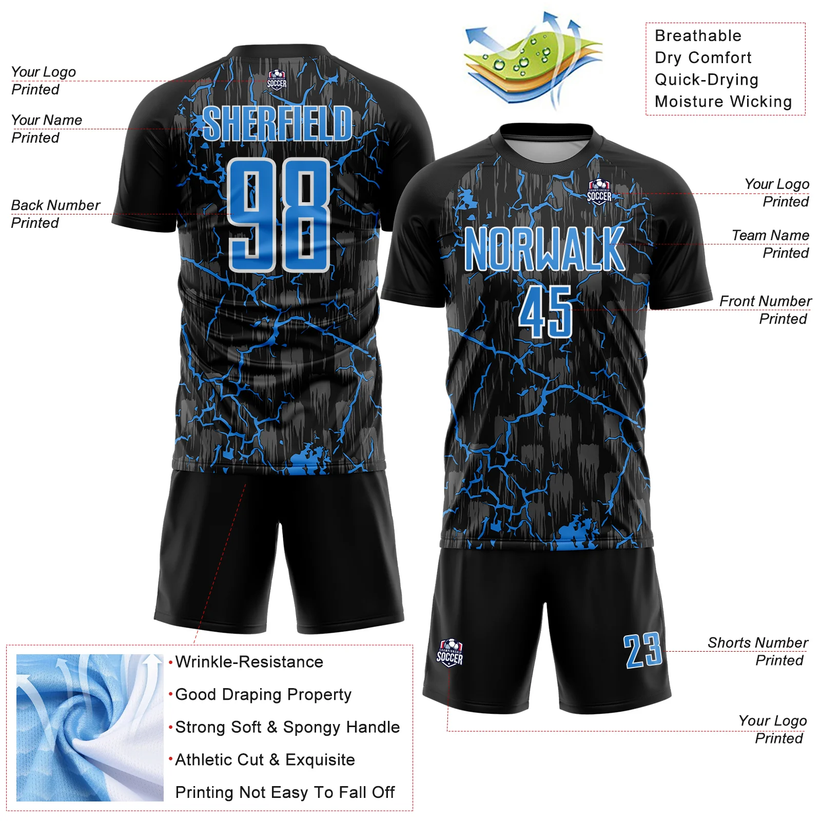 Custom Black Powder Blue-White Lightning Sublimation Soccer Uniform Jersey - Image 4