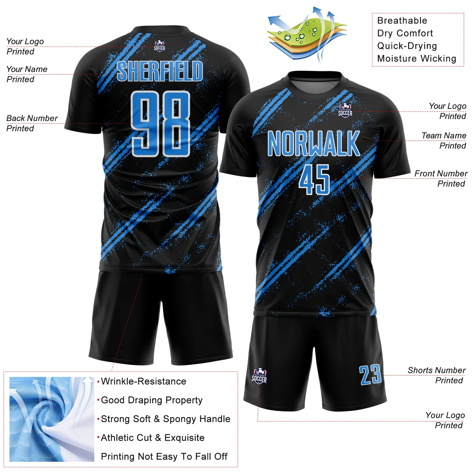 Custom Black Powder Blue-White Abstract Fragment Art Splash Sublimation Soccer Uniform Jersey - Image 4