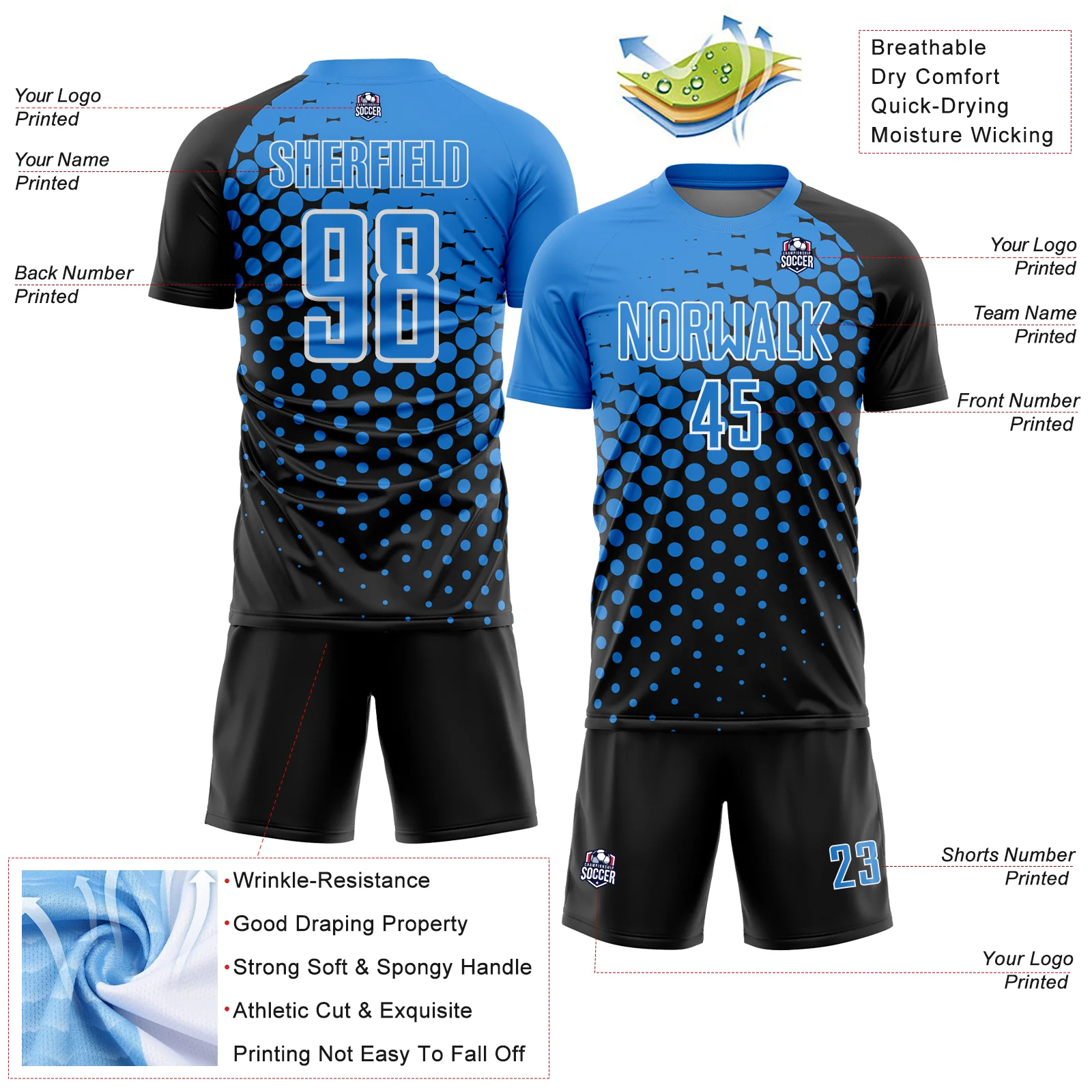 Custom Black Powder Blue-White Modern Polka Dot Sublimation Soccer Uniform Jersey - Image 4