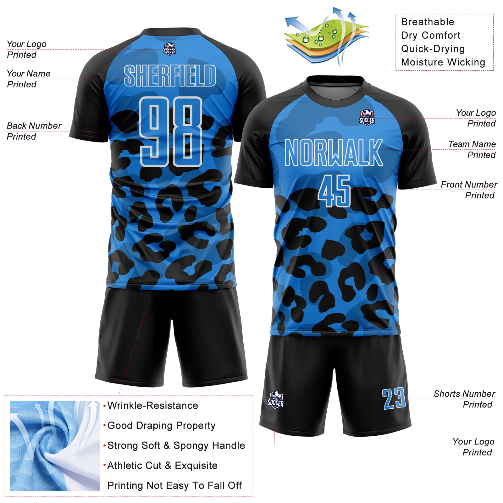Custom Black Powder Blue-White Animal Leopard Print Sports Sublimation Soccer Uniform Jersey - Image 4