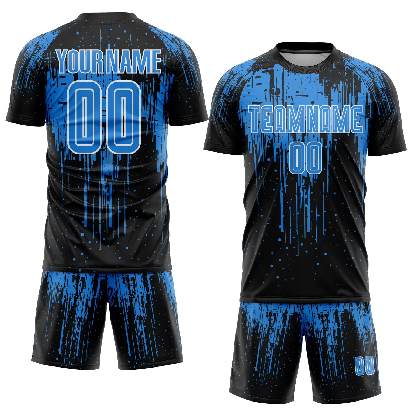 Custom Black Powder Blue-White Dripping Splatte Pattern Sports Sublimation Soccer Uniform Jersey - Image 2