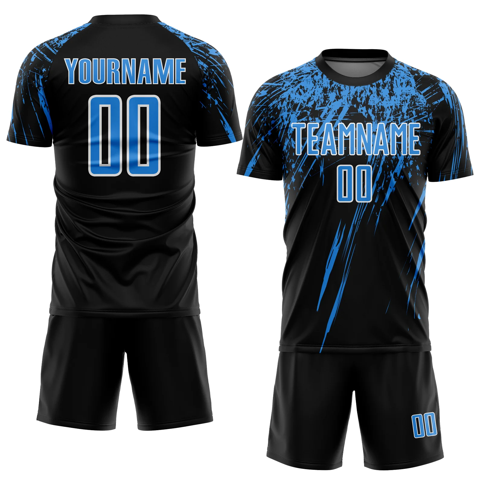 Custom Black Powder Blue-White Splash Sports Sublimation Soccer Uniform Jersey - Image 2