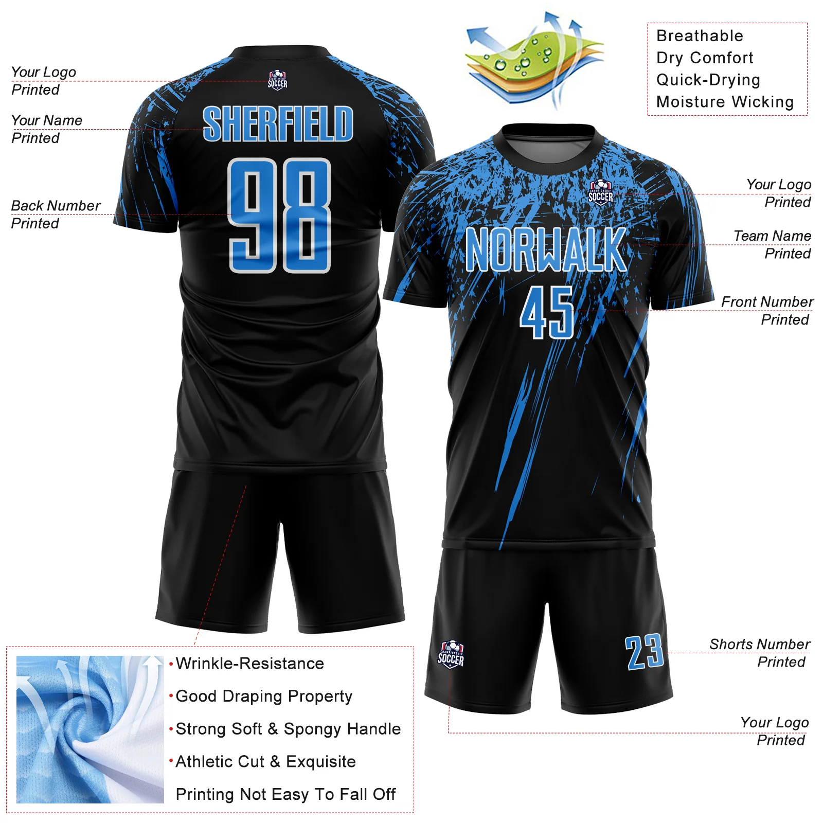Custom Black Powder Blue-White Splash Sports Sublimation Soccer Uniform Jersey - Image 4