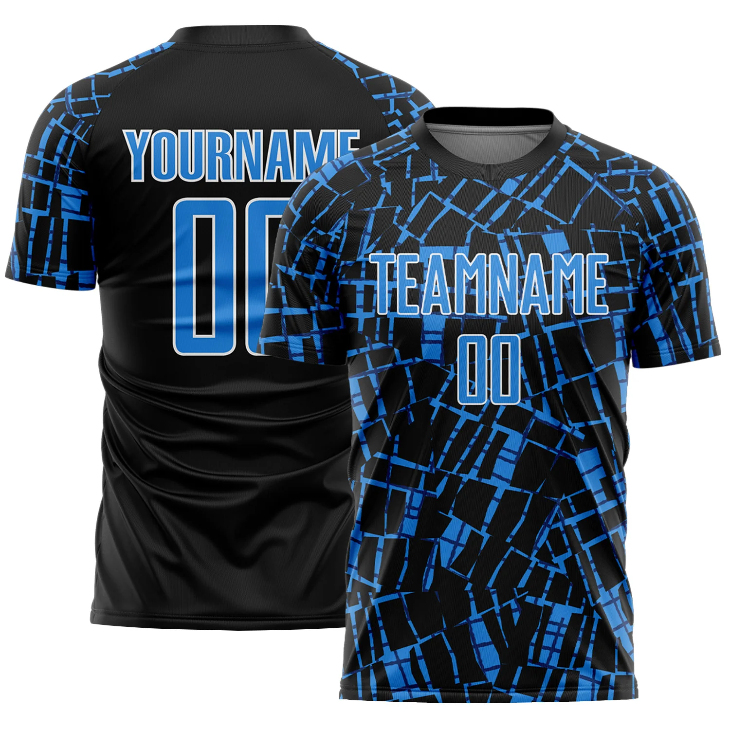 Custom Black Powder Blue-White Abstract Line Sports Sublimation Soccer Uniform Jersey