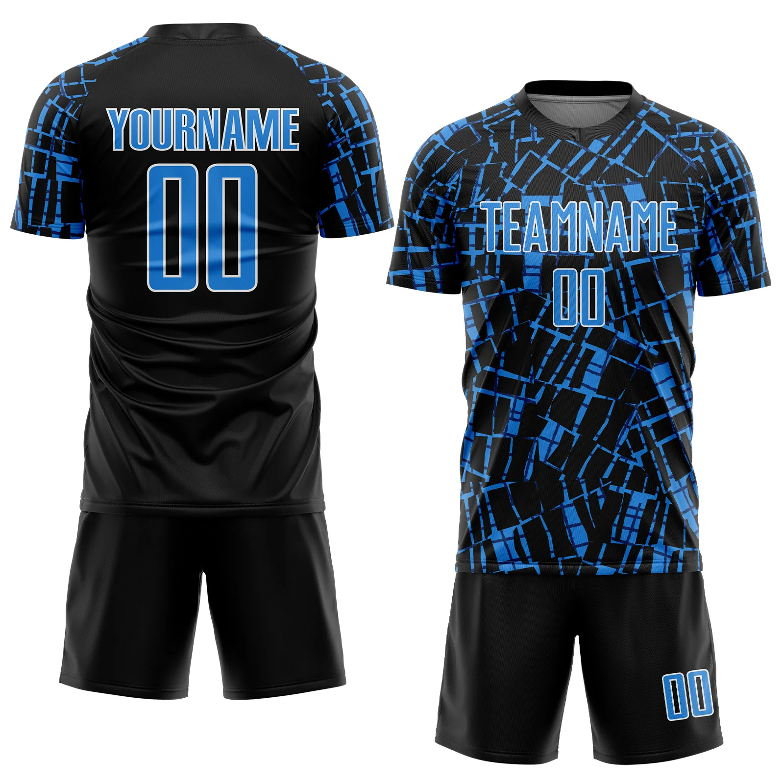 Custom Black Powder Blue-White Abstract Line Sports Sublimation Soccer Uniform Jersey - Image 2