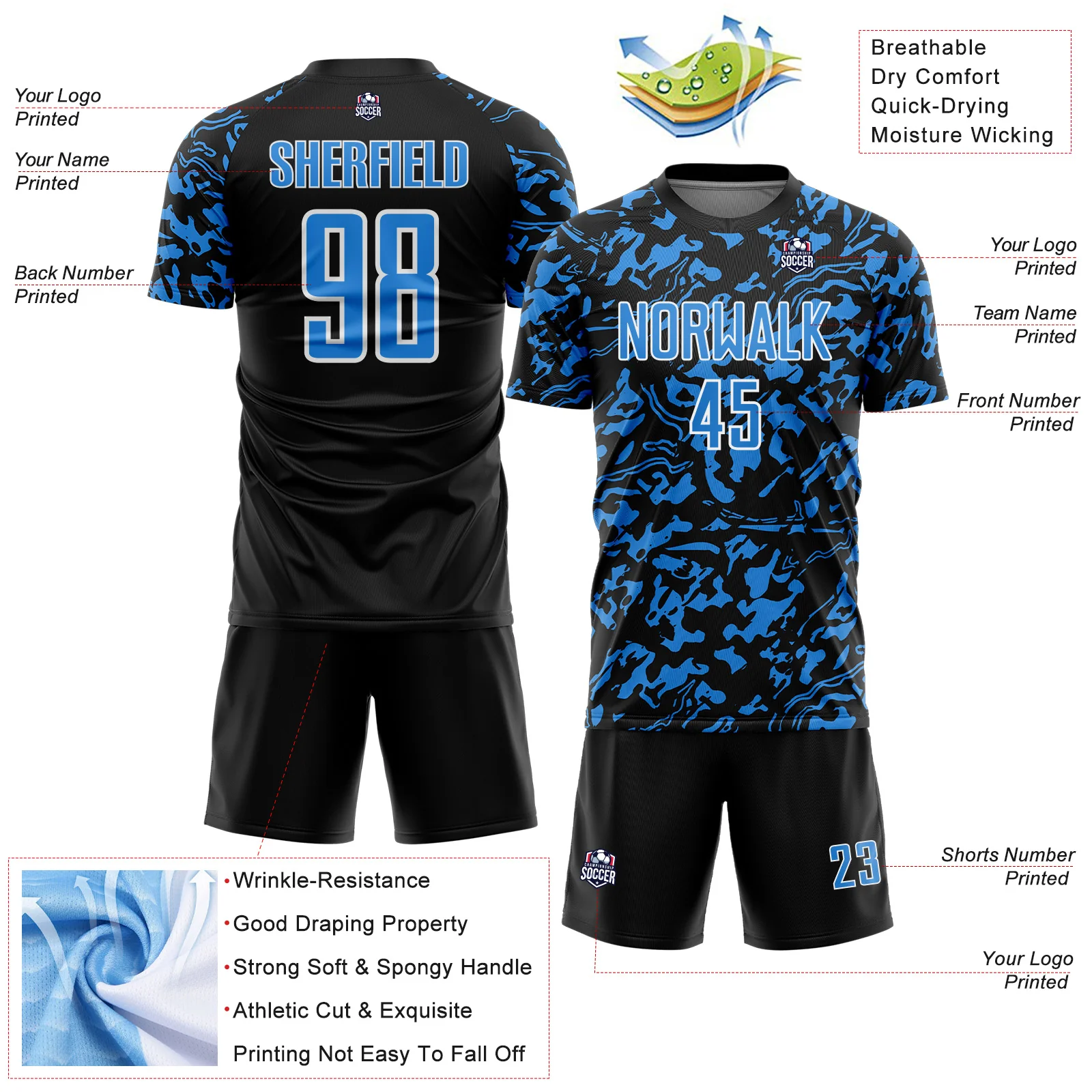 Custom Black Powder Blue-White Liquid Fluid Pattern Sports Sublimation Soccer Uniform Jersey - Image 4