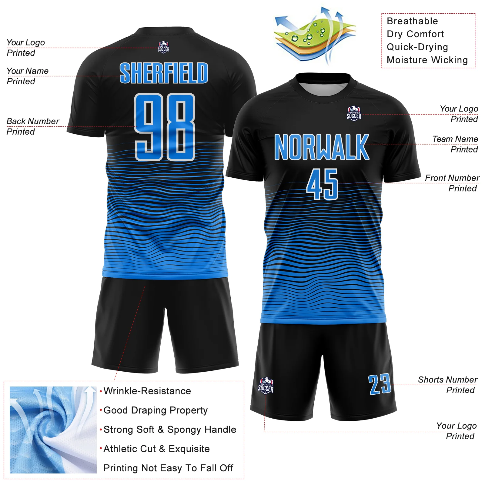 Custom Black Powder Blue-White Gradient Wave Line Sports Sublimation Soccer Uniform Jersey - Image 4