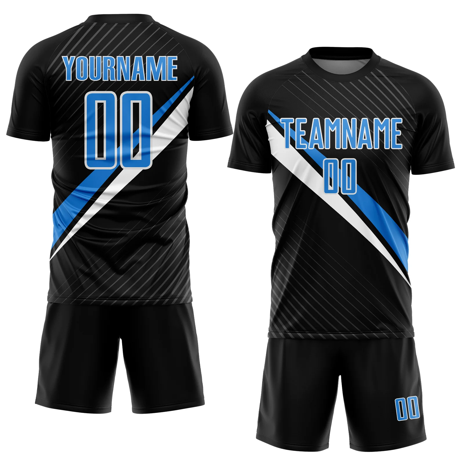 Custom Black Powder Blue-White Diagonal Stripes Sports Sublimation Soccer Uniform Jersey - Image 2