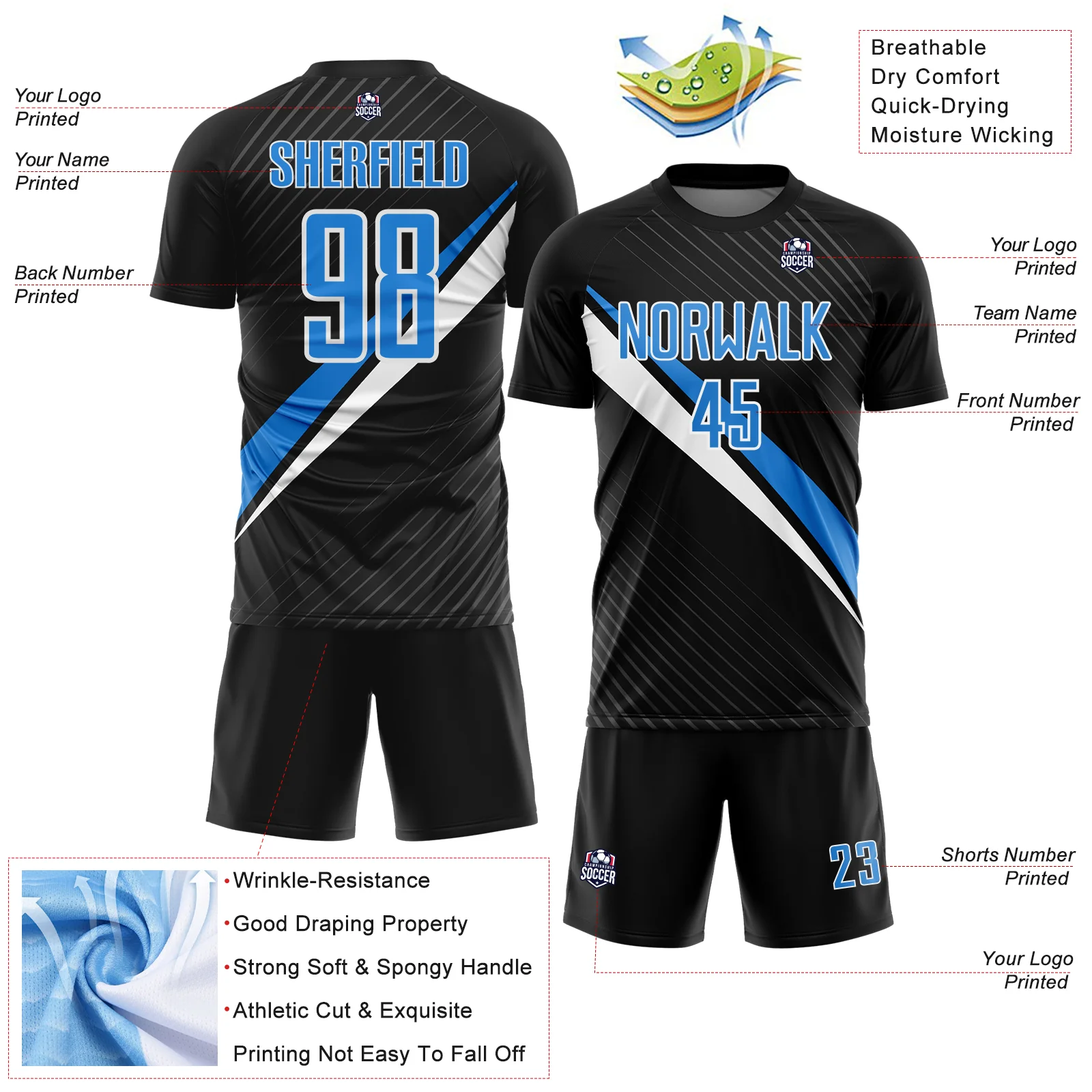 Custom Black Powder Blue-White Diagonal Stripes Sports Sublimation Soccer Uniform Jersey - Image 4