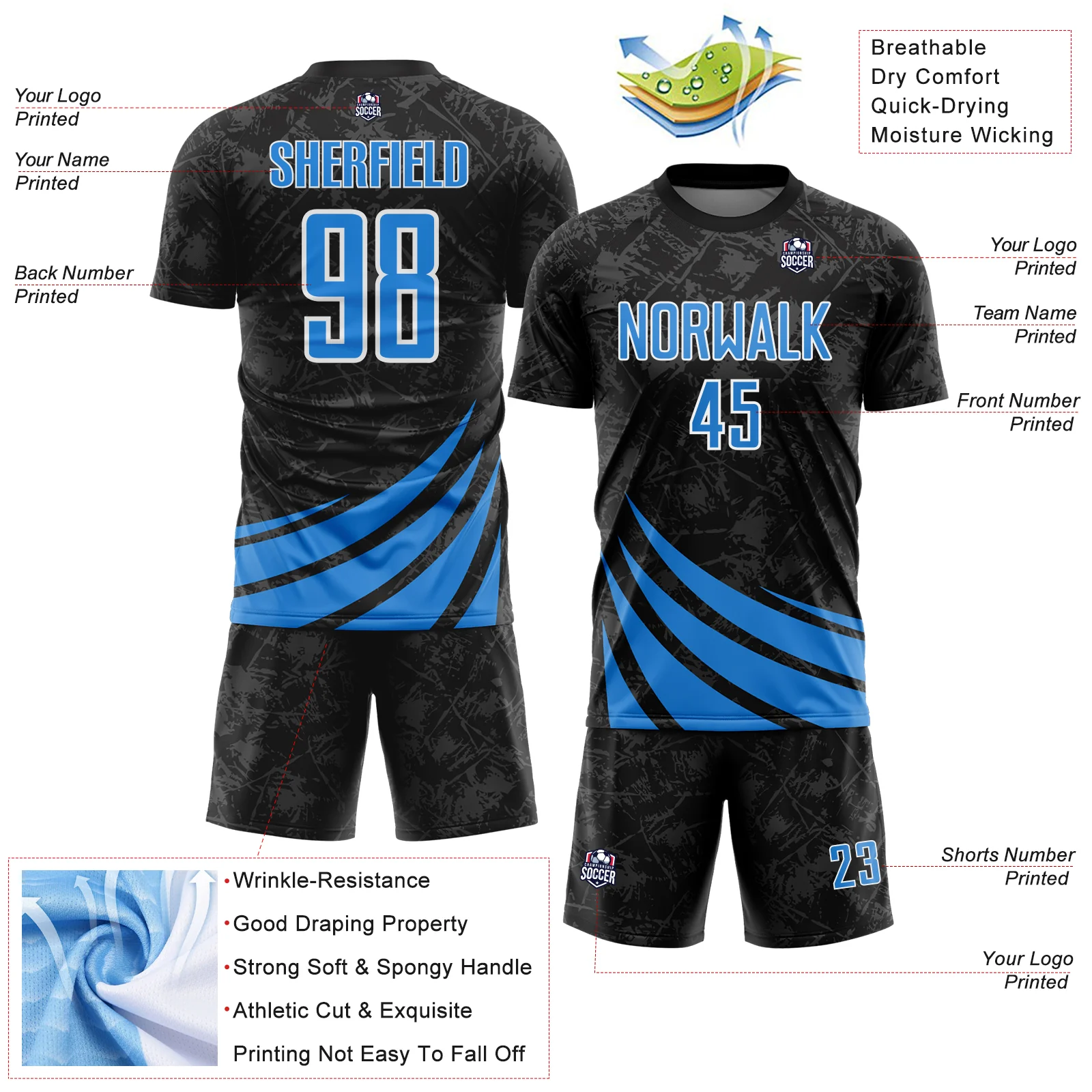 Custom Black Powder Blue-White Distressed Diagonal Stripes Wind Shapes Sports Sublimation Soccer Uniform Jersey - Image 4