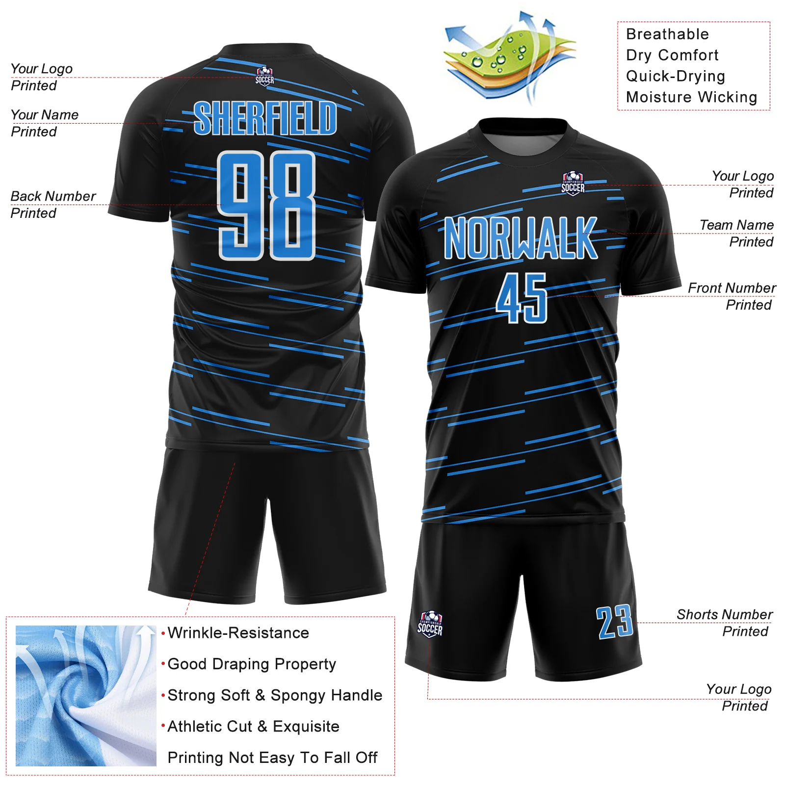 Custom Black Powder Blue-White Diagonal Pinstripes Lines Sports Sublimation Soccer Uniform Jersey - Image 4