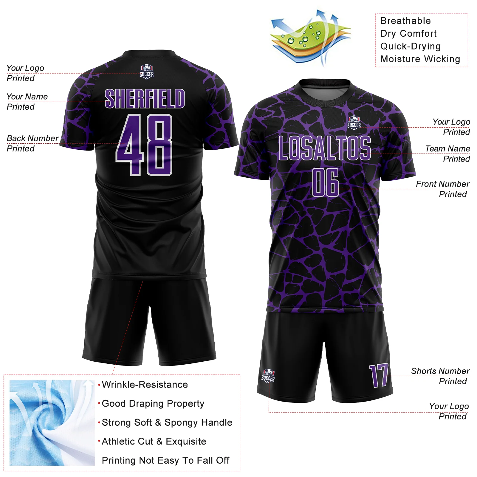 Custom Black Purple-White Abstract Network Splash Sublimation Soccer Uniform Jersey - Image 4