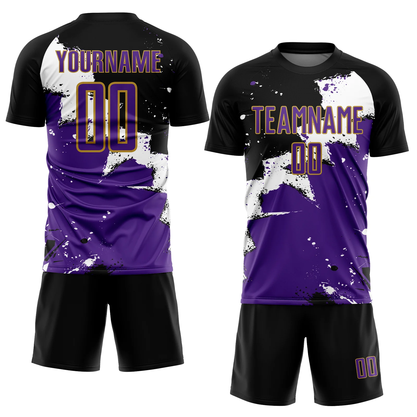 Custom Black Purple-Old Gold Spalsh Sublimation Soccer Uniform Jersey - Image 2