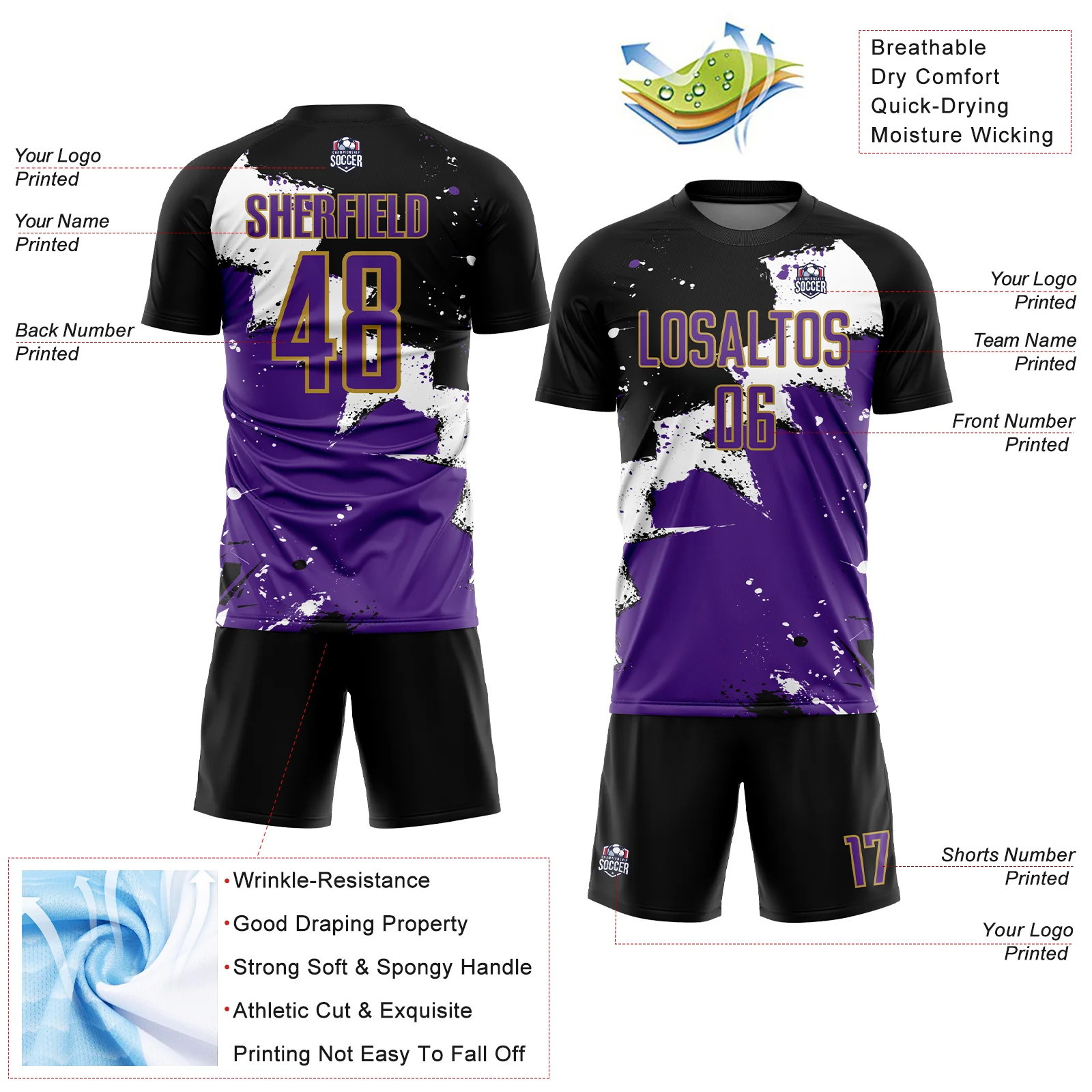 Custom Black Purple-Old Gold Spalsh Sublimation Soccer Uniform Jersey - Image 4