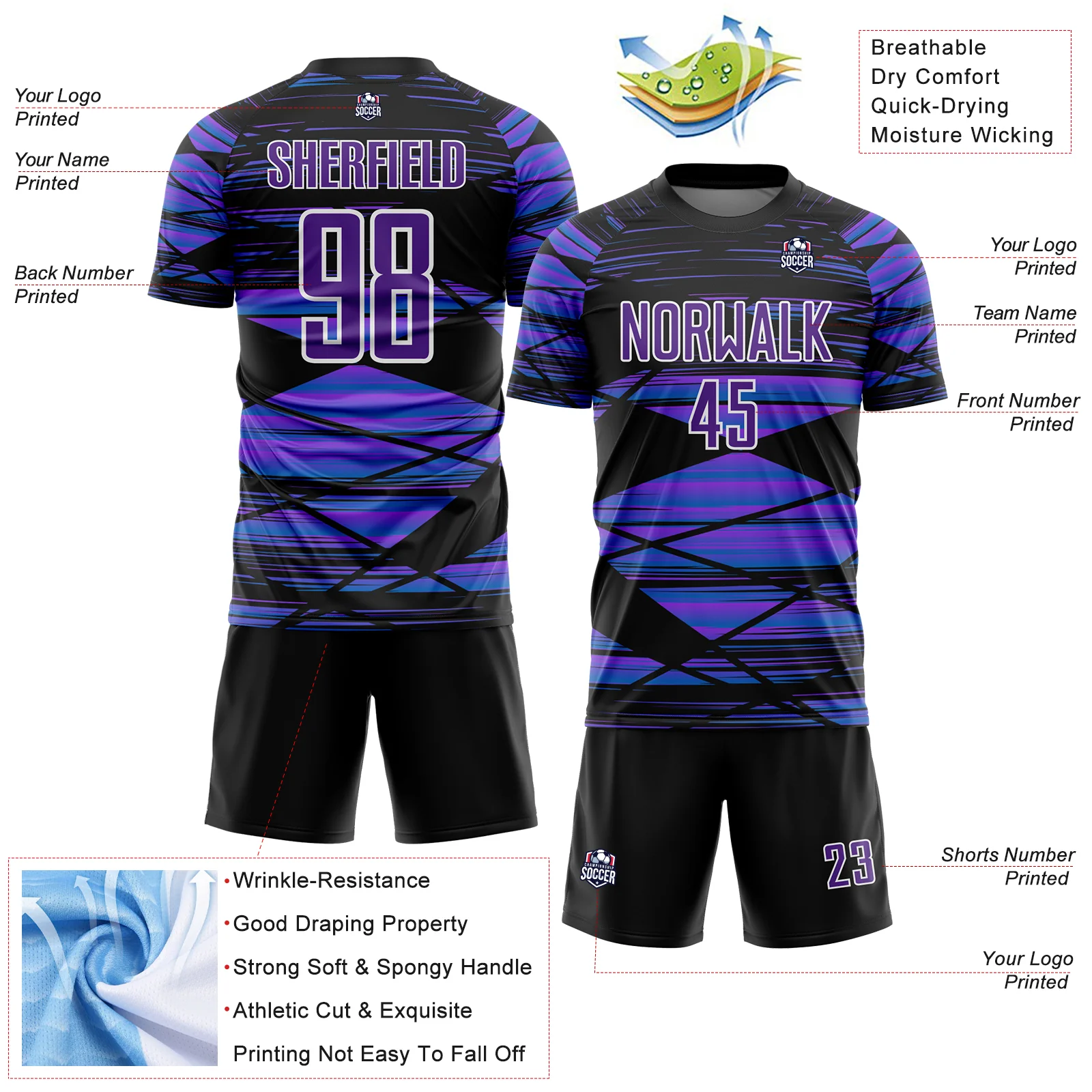 Custom Black Purple-White Line Sublimation Soccer Uniform Jersey - Image 4