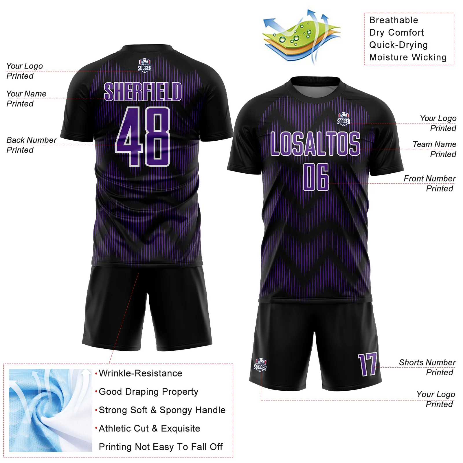 Custom Black Purple-White Line Sublimation Soccer Uniform Jersey - Image 4