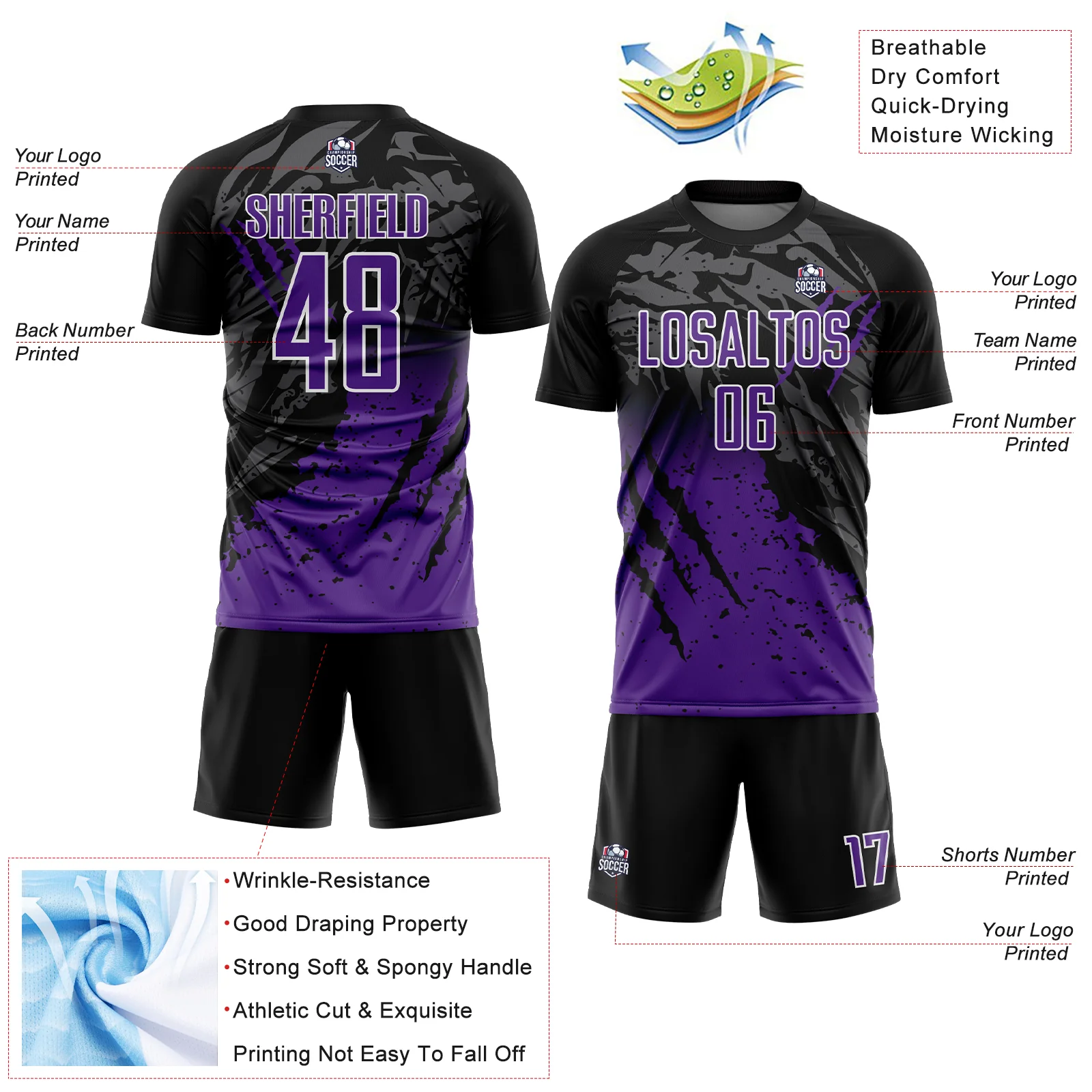 Custom Black Purple-White Gradient Scratch Splash Sublimation Soccer Uniform Jersey - Image 4
