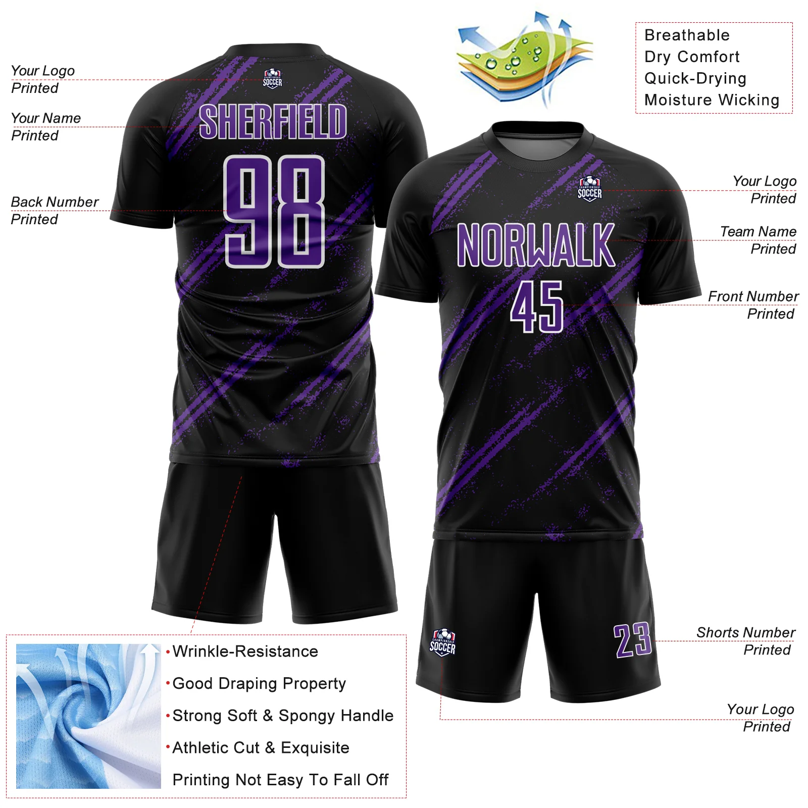 Custom Black Purple-White Abstract Fragment Art Splash Sublimation Soccer Uniform Jersey - Image 4