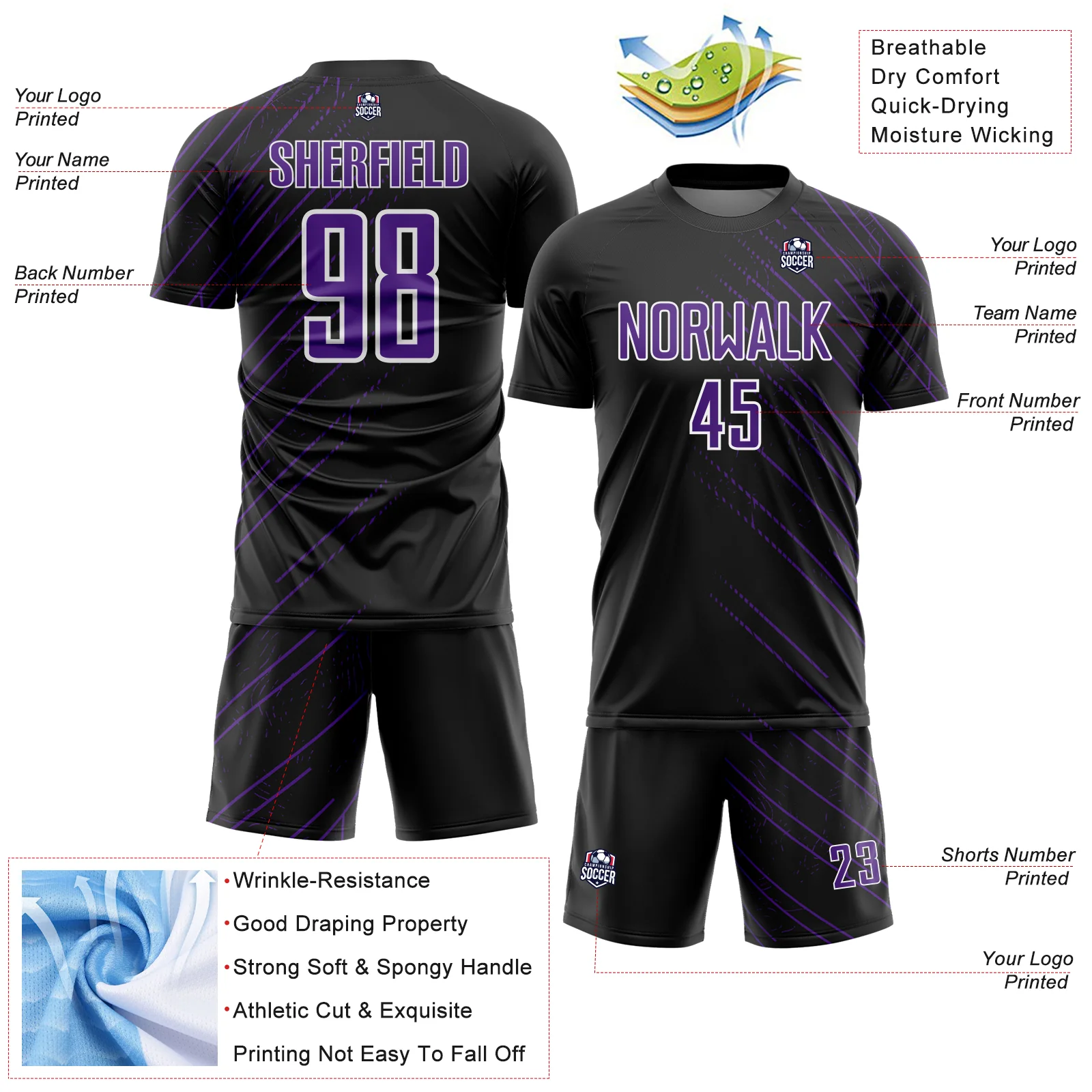 Custom Black Purple-White Lines Sports Sublimation Soccer Uniform Jersey - Image 4