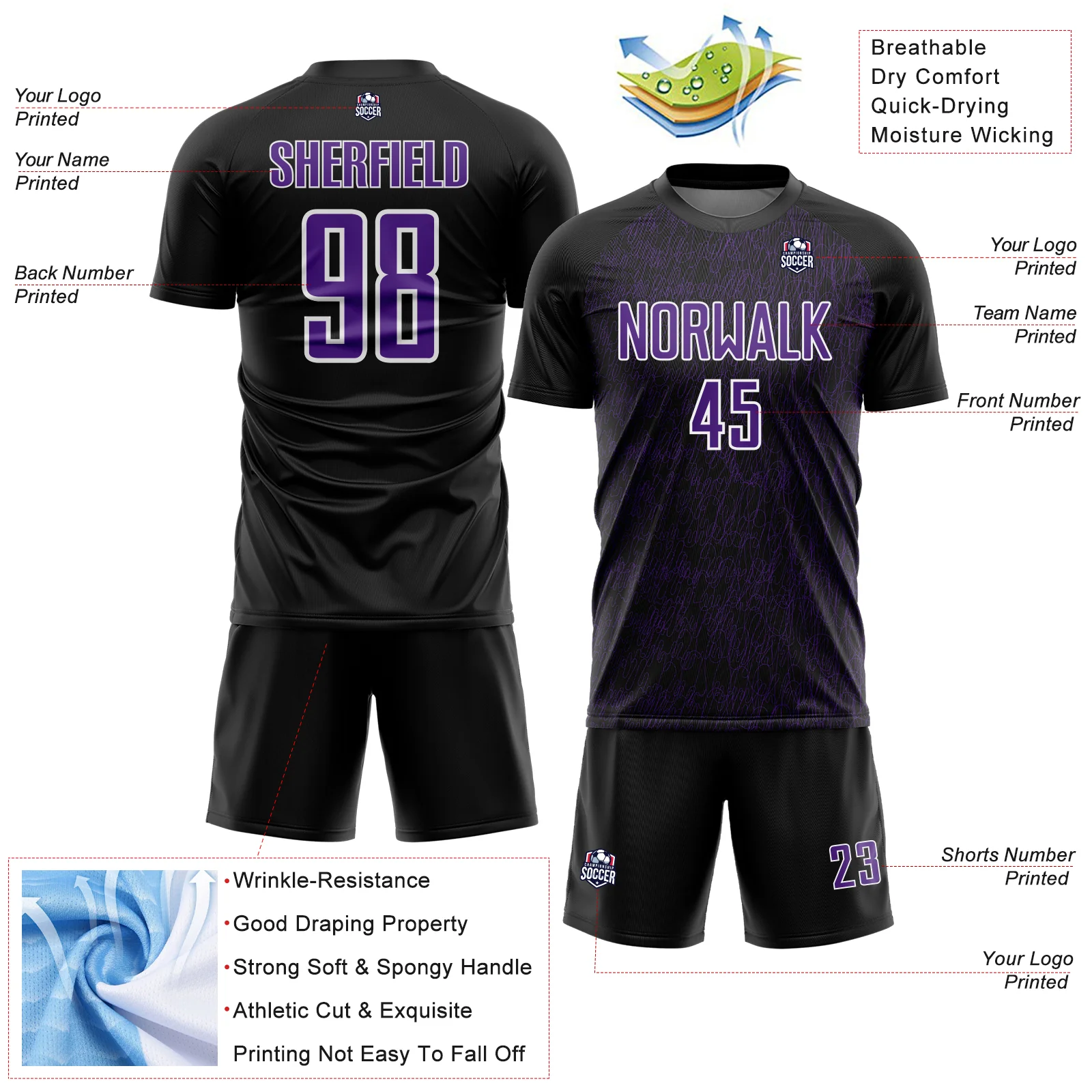 Custom Black Purple-White Abstract Scribble Curve Line Pattern Sports Sublimation Soccer Uniform Jersey - Image 4