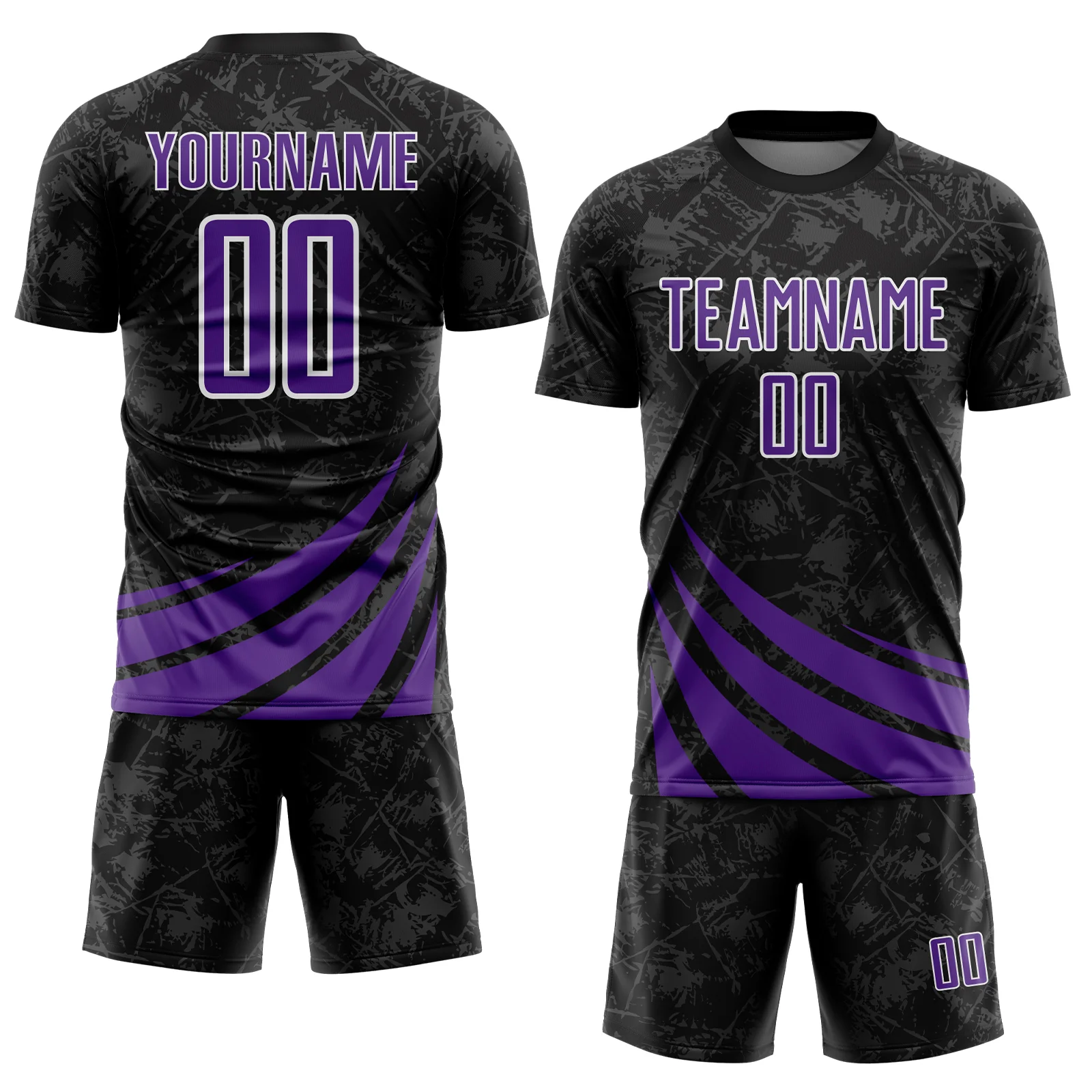 Custom Black Purple-White Distressed Diagonal Stripes Wind Shapes Sports Sublimation Soccer Uniform Jersey - Image 2
