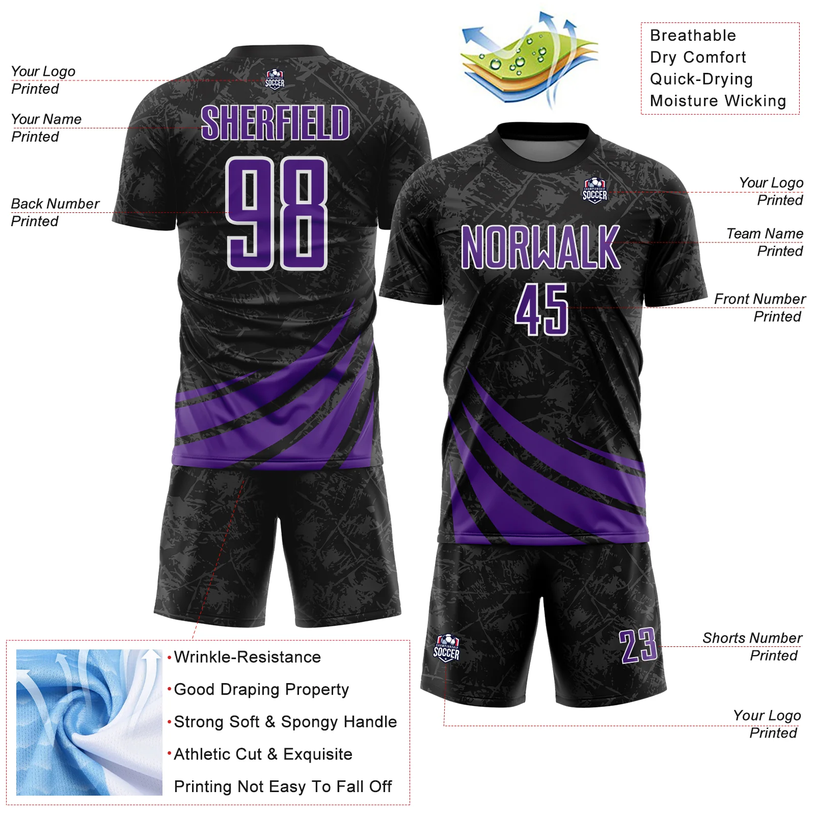Custom Black Purple-White Distressed Diagonal Stripes Wind Shapes Sports Sublimation Soccer Uniform Jersey - Image 4
