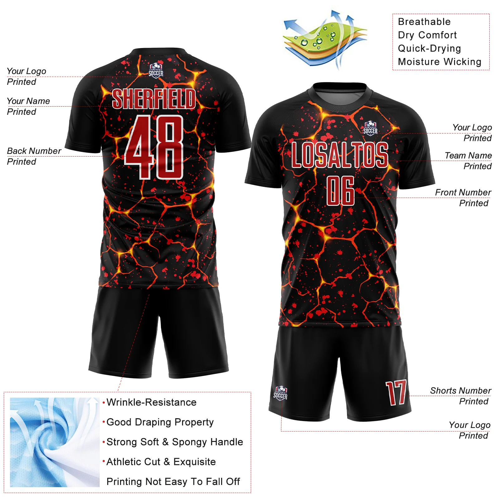 Custom Black Red-White Flame And Splash Sublimation Soccer Uniform Jersey - Image 4