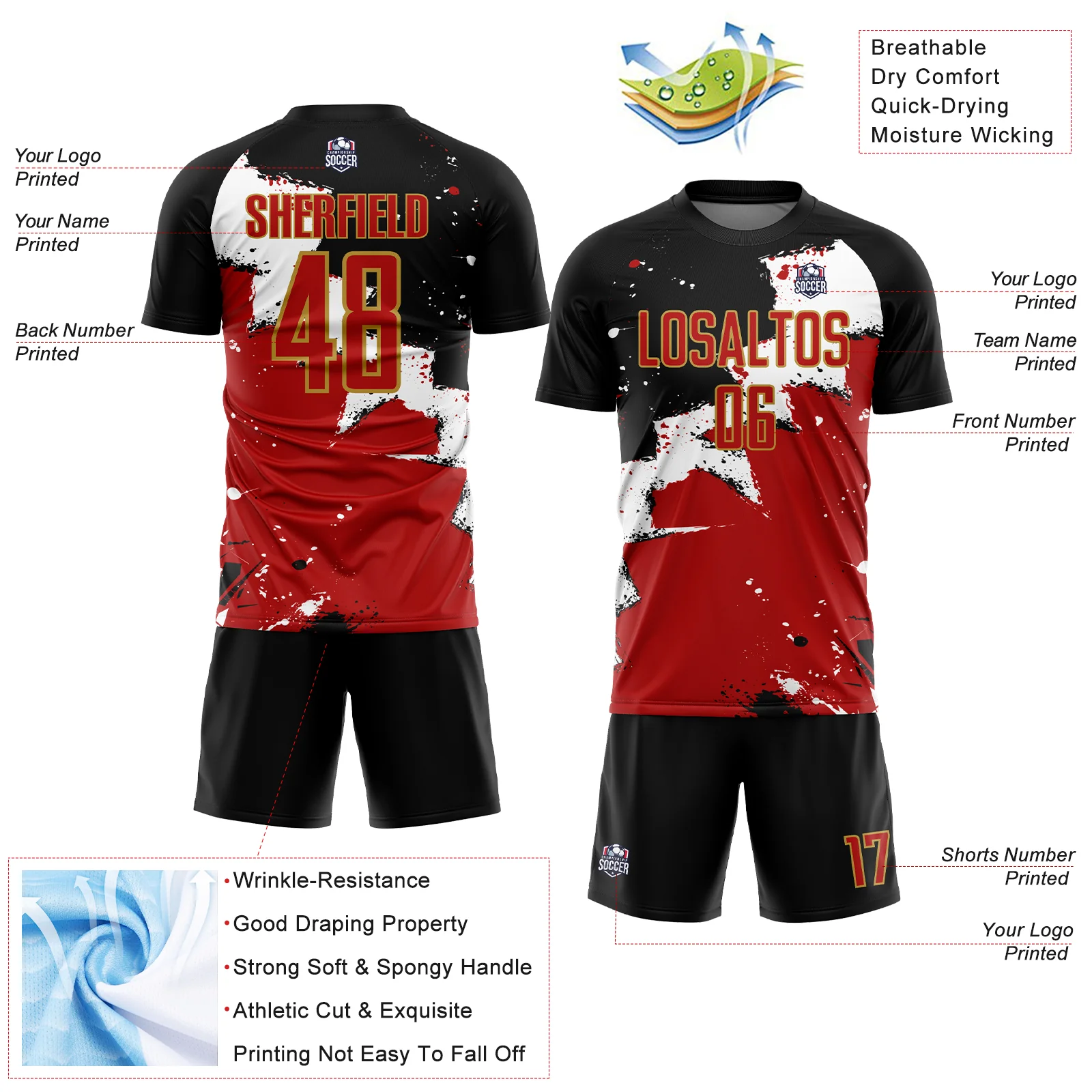 Custom Black Red-Old Gold Spalsh Sublimation Soccer Uniform Jersey - Image 4