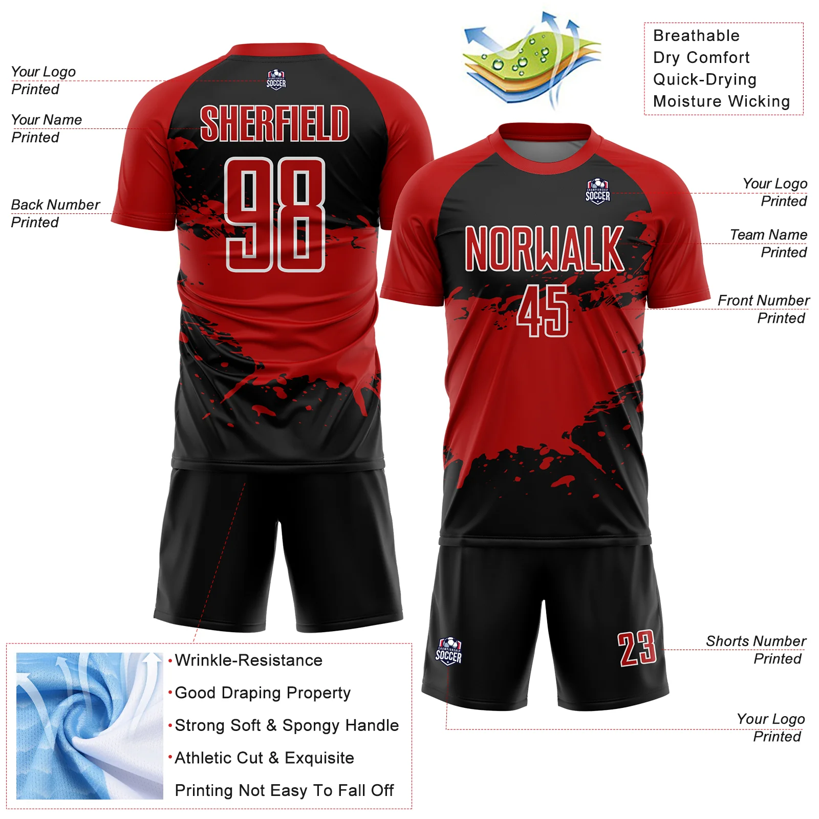 Custom Black Red-White Splash Sublimation Soccer Uniform Jersey - Image 4