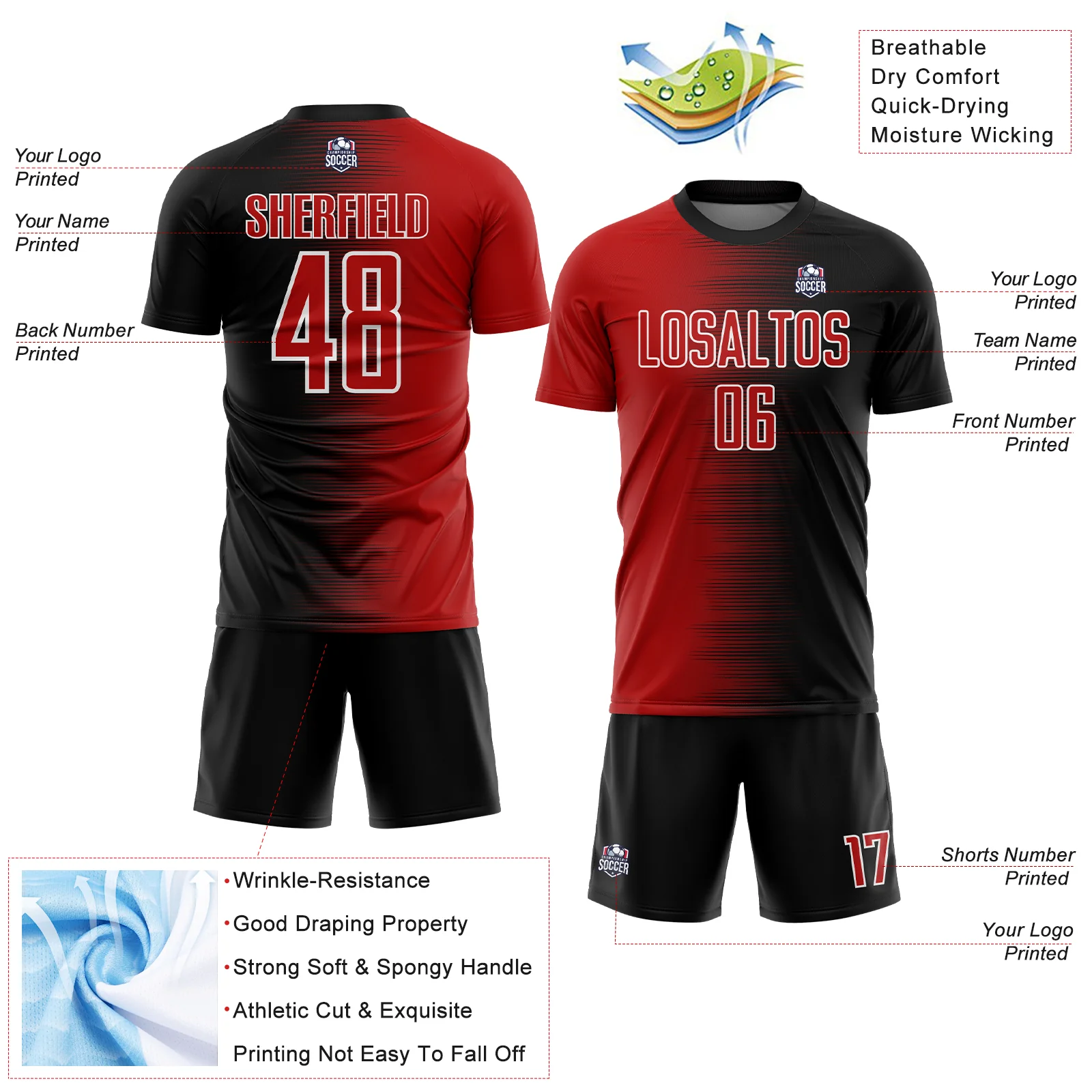 Custom Black Red-White Gradient Line Sublimation Soccer Uniform Jersey - Image 4