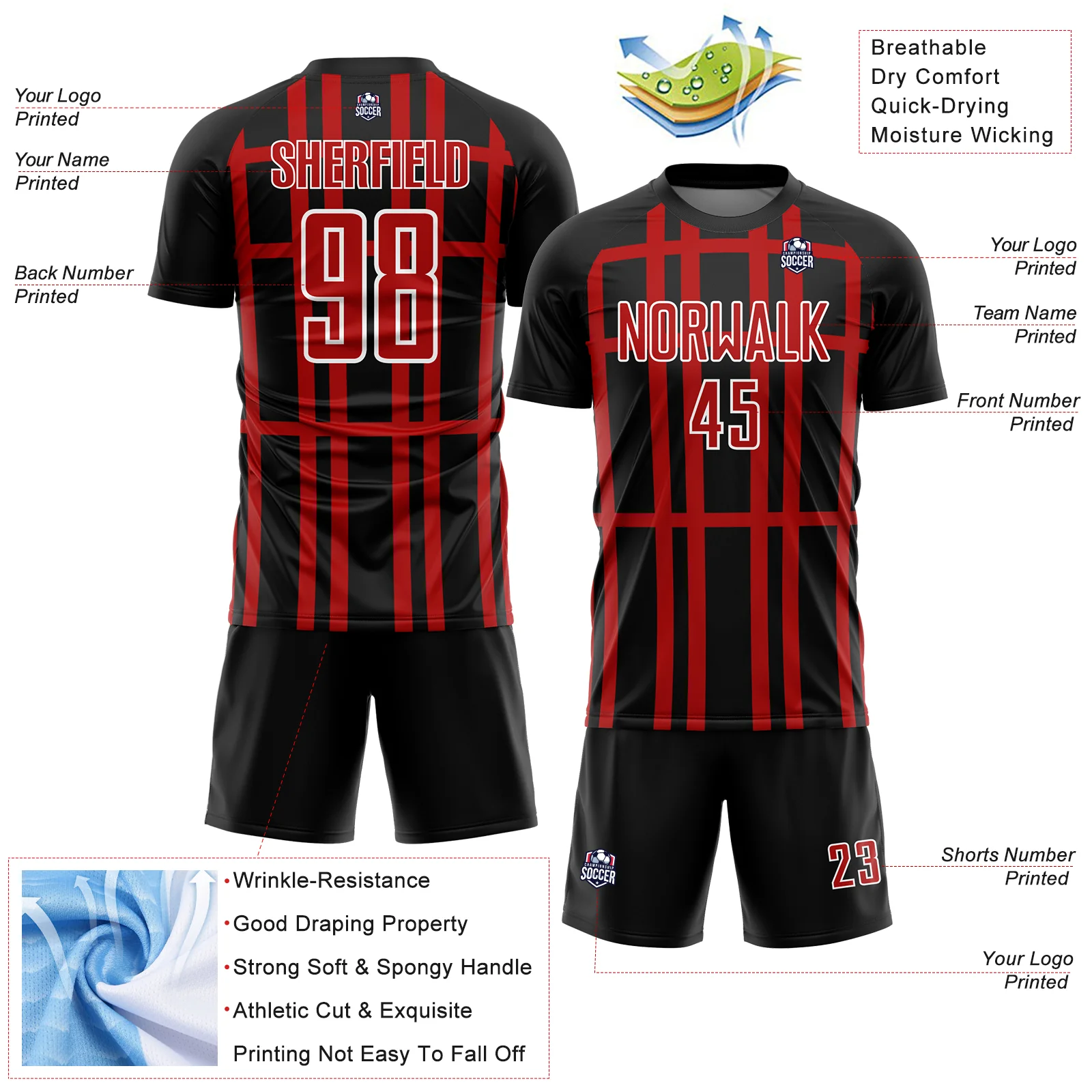 Custom Black Red-White Stripe Line Sublimation Soccer Uniform Jersey - Image 4