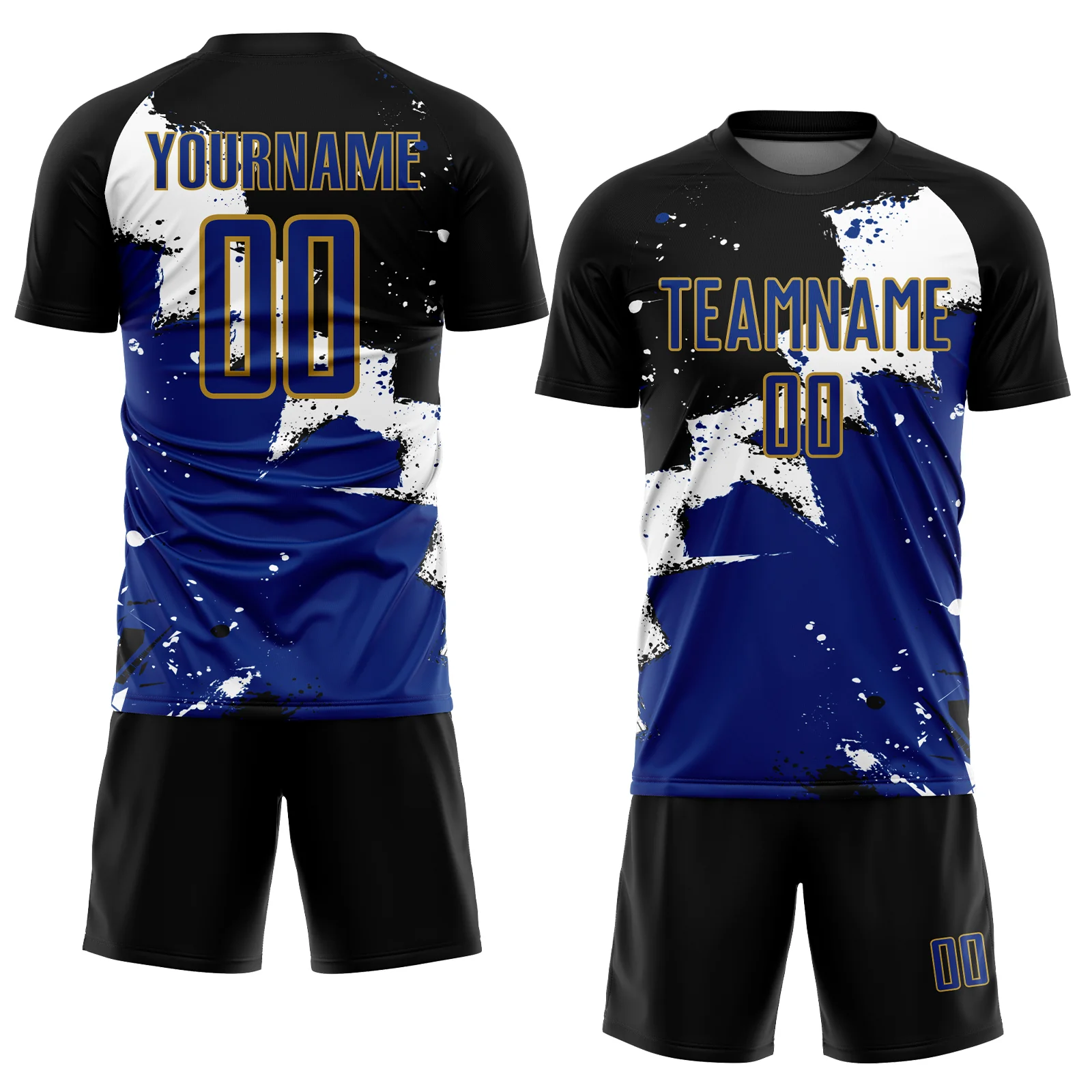 Custom Black Royal-Old Gold Spalsh Sublimation Soccer Uniform Jersey - Image 2