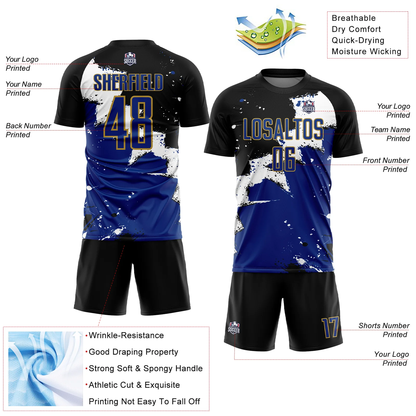 Custom Black Royal-Old Gold Spalsh Sublimation Soccer Uniform Jersey - Image 4