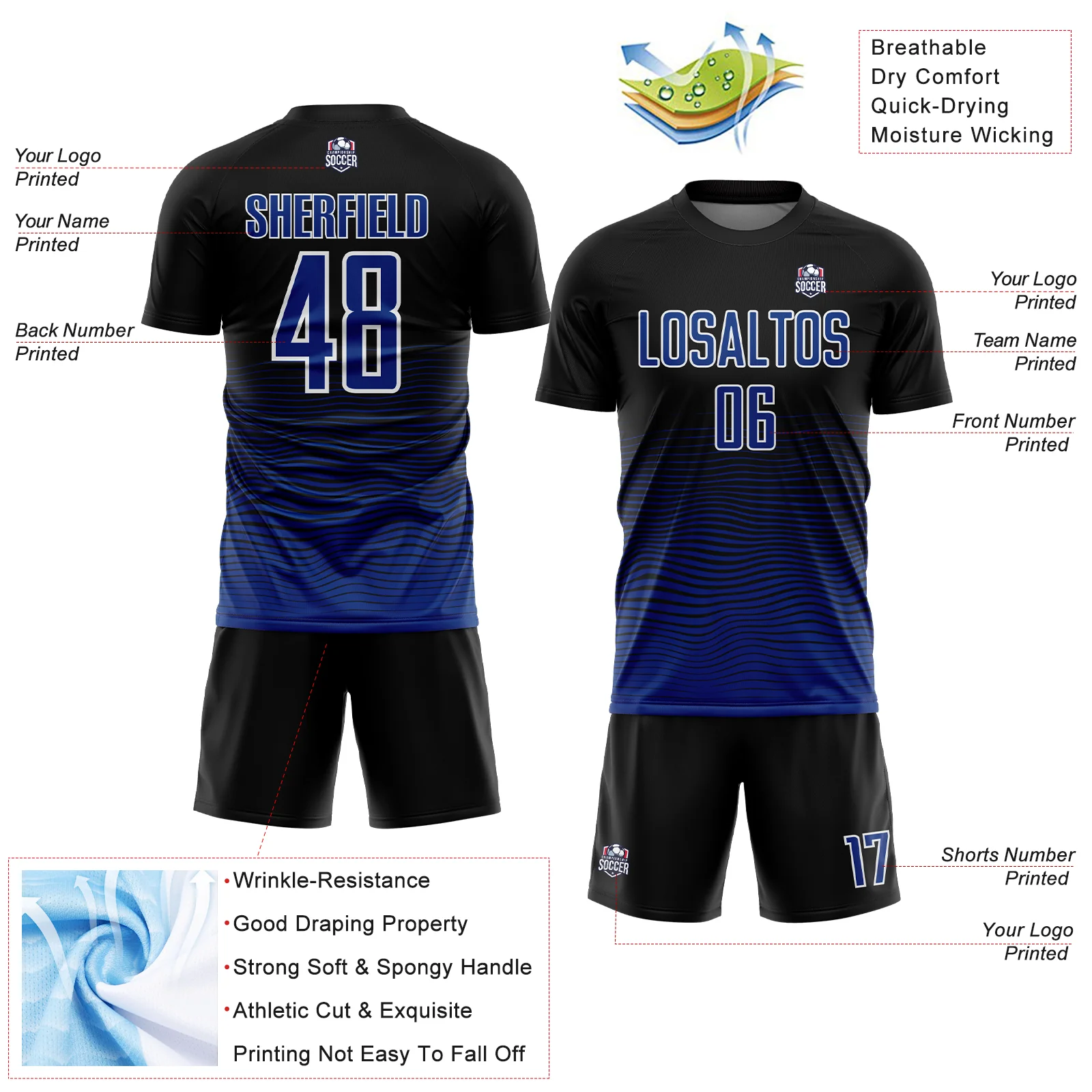 Custom Black Royal-White Gradient Line Sublimation Soccer Uniform Jersey - Image 4