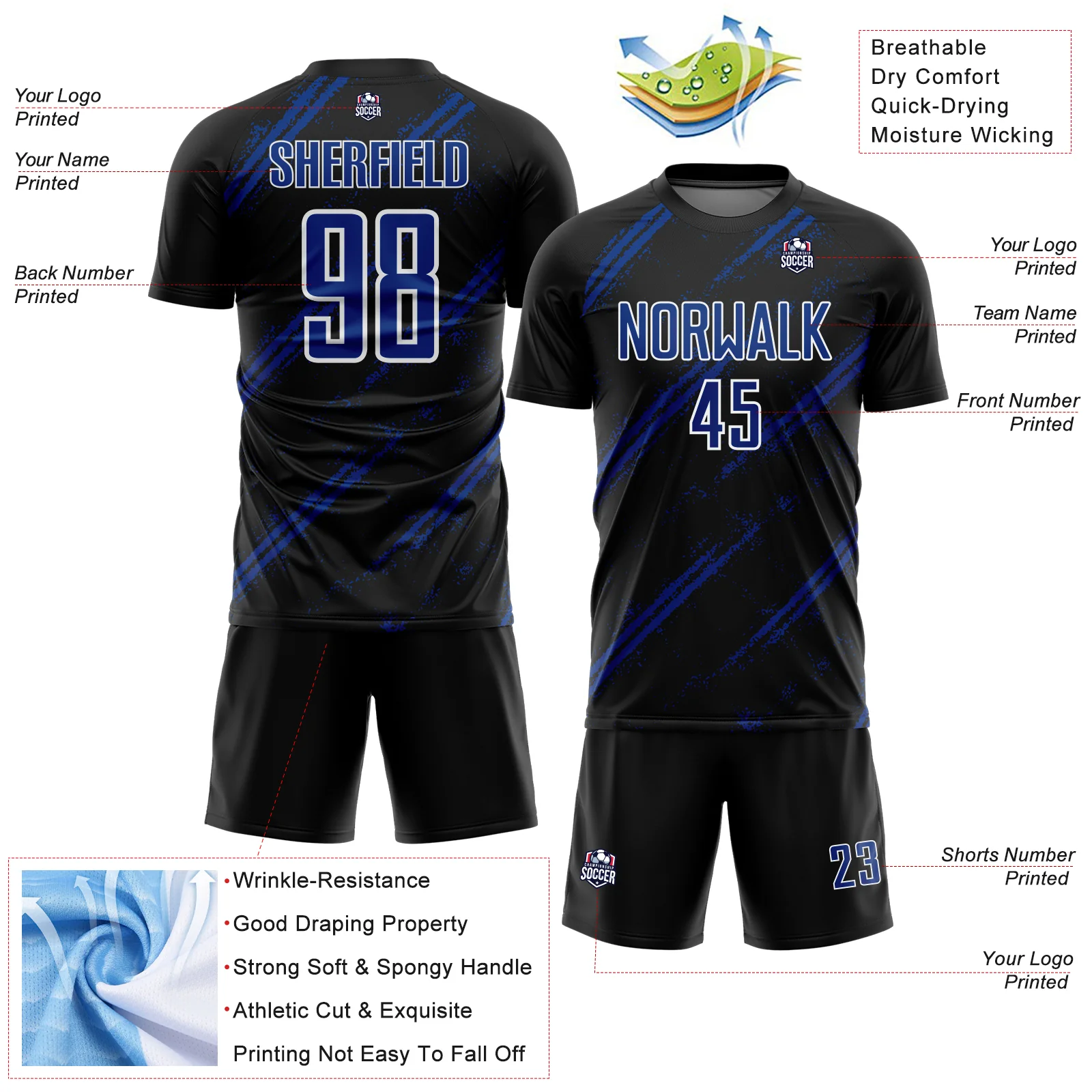 Custom Black Royal-White Abstract Fragment Art Splash Sublimation Soccer Uniform Jersey - Image 4