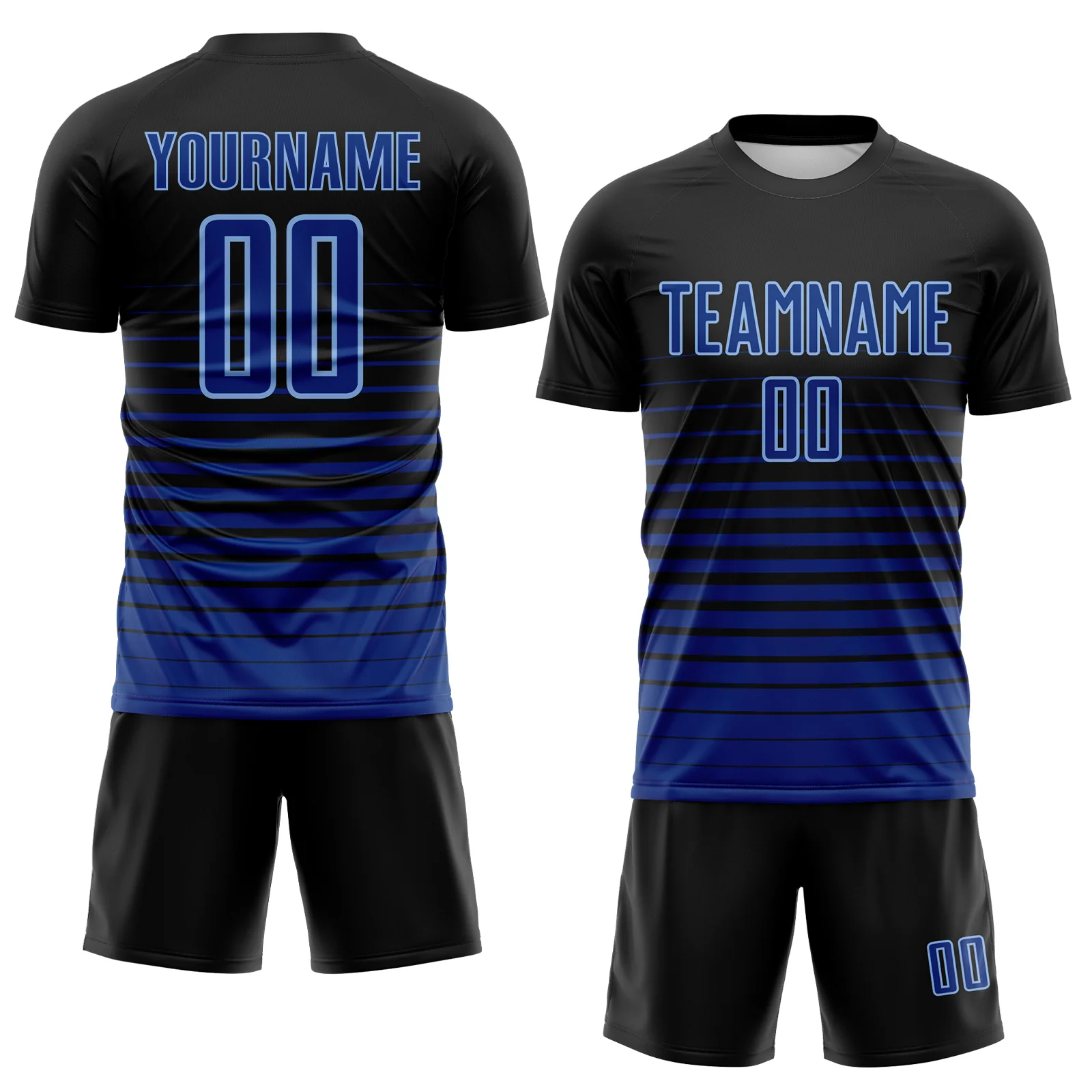 Custom Black Royal-Light Blue Gradient Pinstripe Sublimation Soccer Uniform Jersey - Image 2