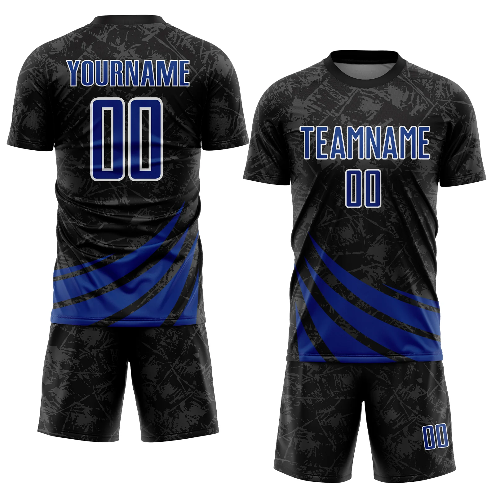 Custom Black Royal-White Distressed Diagonal Stripes Wind Shapes Sports Sublimation Soccer Uniform Jersey - Image 2