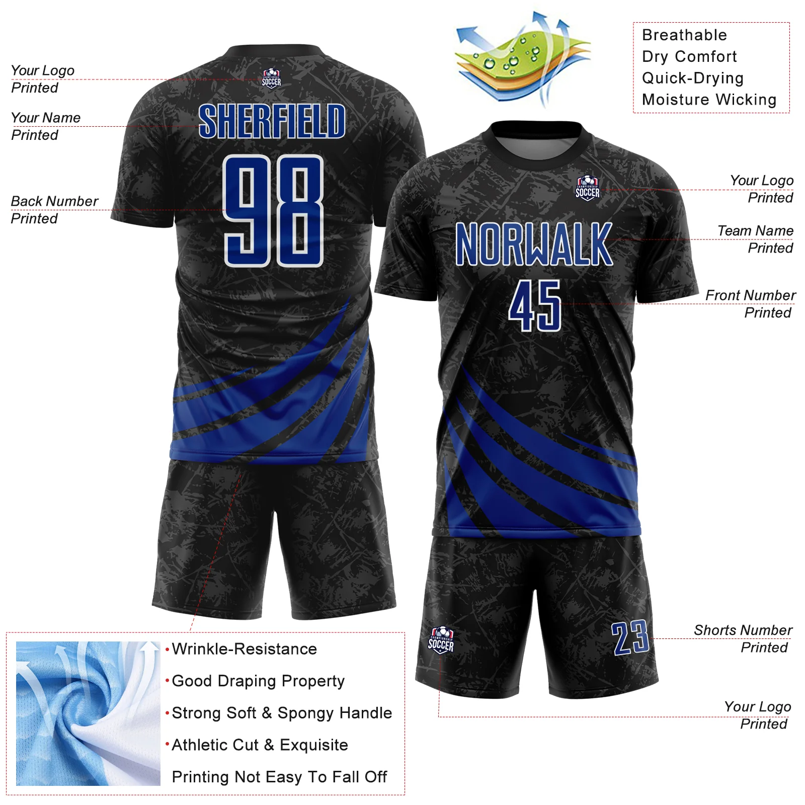 Custom Black Royal-White Distressed Diagonal Stripes Wind Shapes Sports Sublimation Soccer Uniform Jersey - Image 4